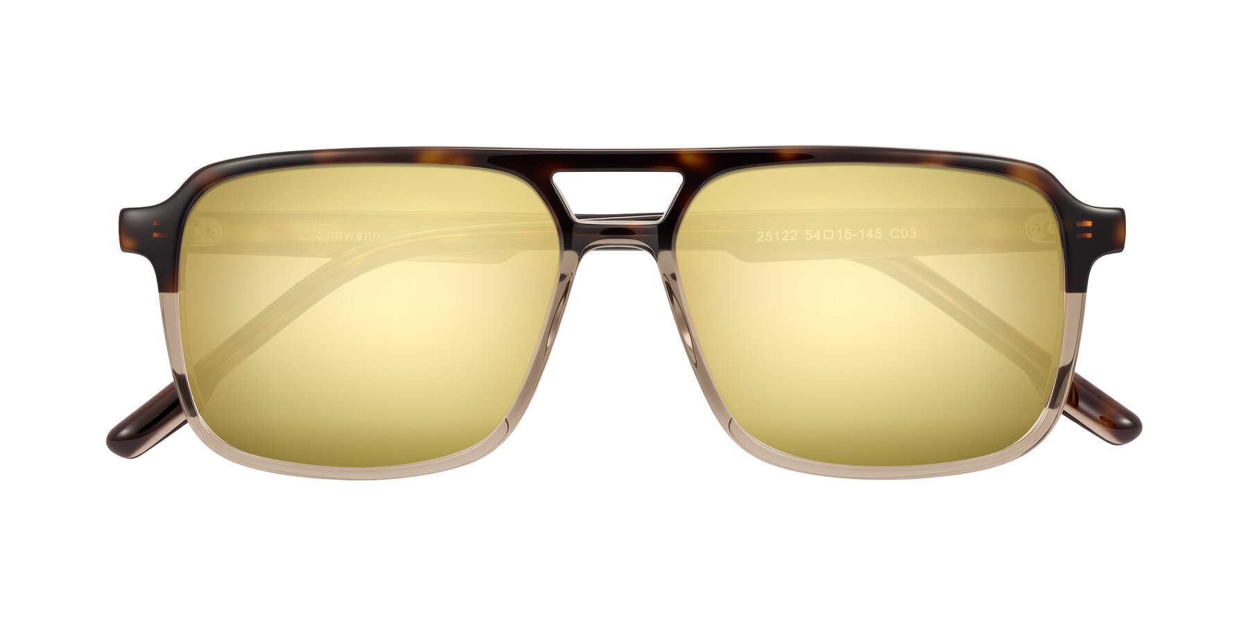 Folded Front of Shawano in Tortoise/Transparent Brown with Gold Mirrored Lenses