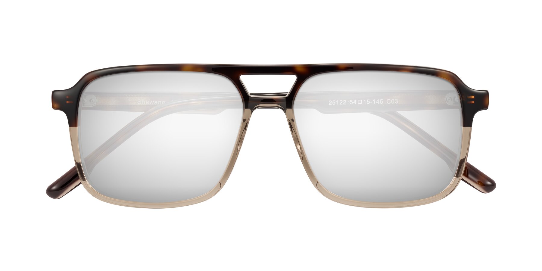 Folded Front of Shawano in Tortoise/Transparent Brown with Silver Mirrored Lenses