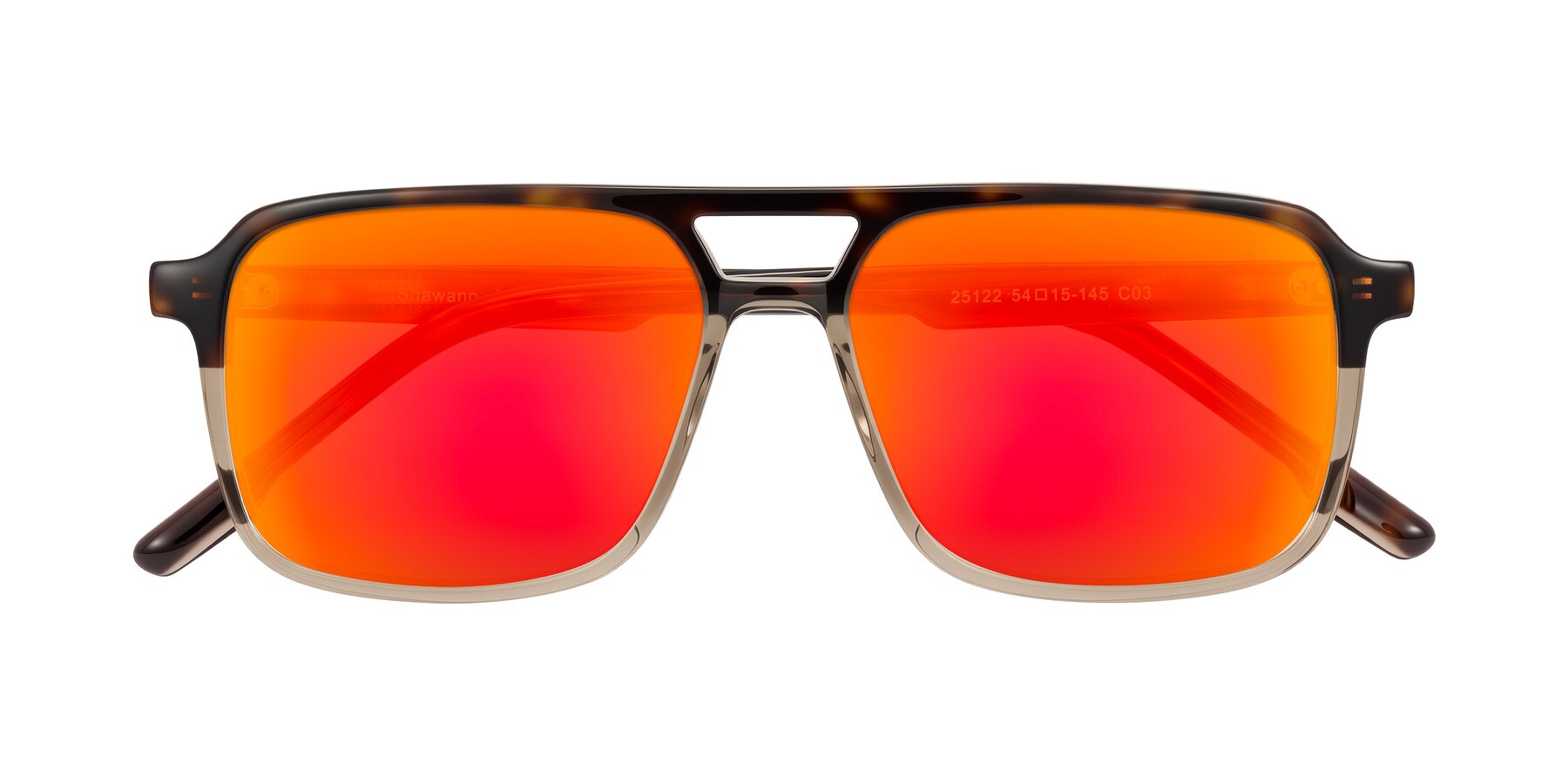 Folded Front of Shawano in Tortoise/Transparent Brown with Red Gold Mirrored Lenses