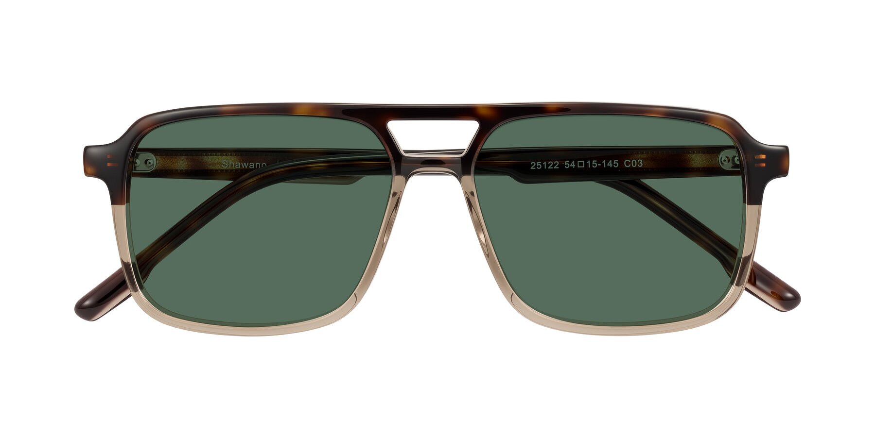 Folded Front of Shawano in Tortoise/Transparent Brown with Green Polarized Lenses