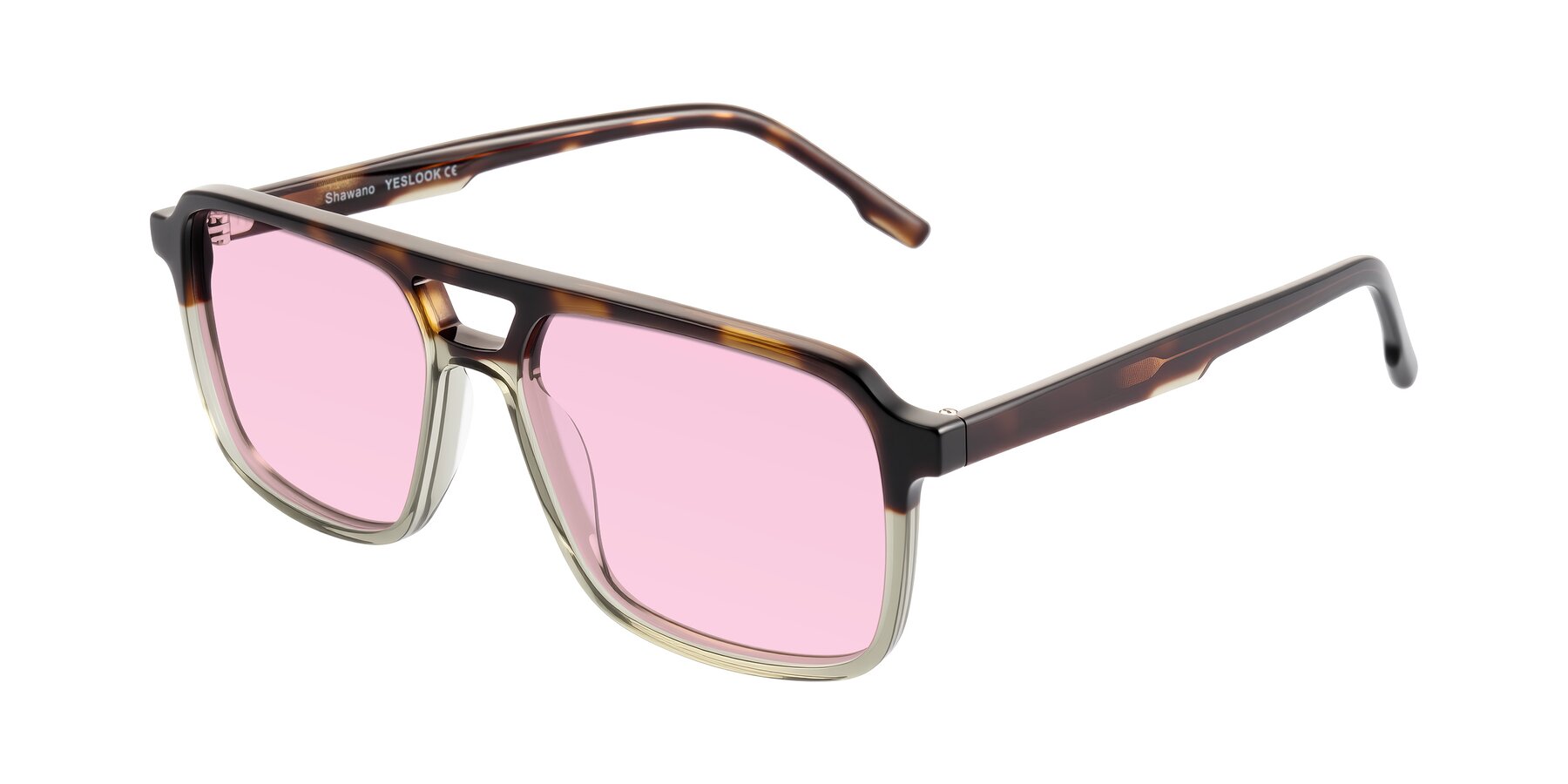 Angle of Shawano in Tortoise/Transparent Green with Light Pink Tinted Lenses