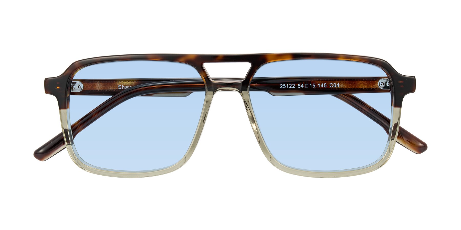 Folded Front of Shawano in Tortoise/Transparent Green with Light Blue Tinted Lenses