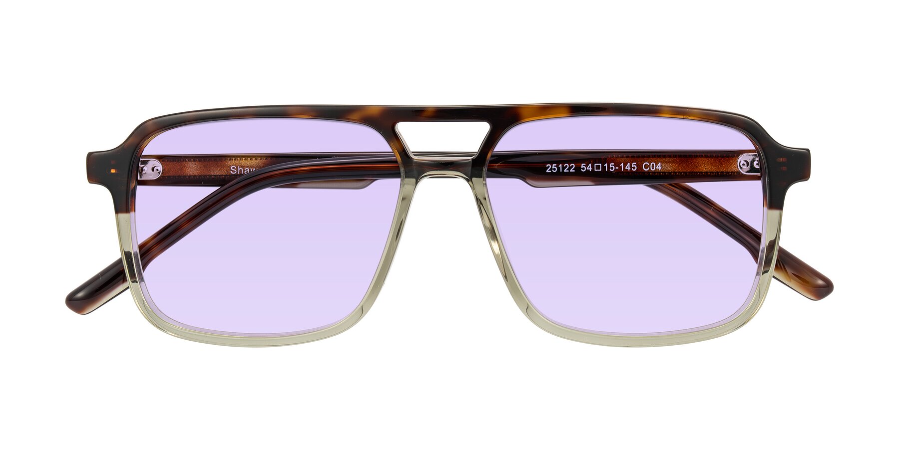 Folded Front of Shawano in Tortoise/Transparent Green with Light Purple Tinted Lenses