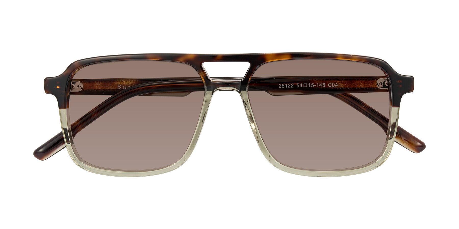 Folded Front of Shawano in Tortoise/Transparent Green with Medium Brown Tinted Lenses