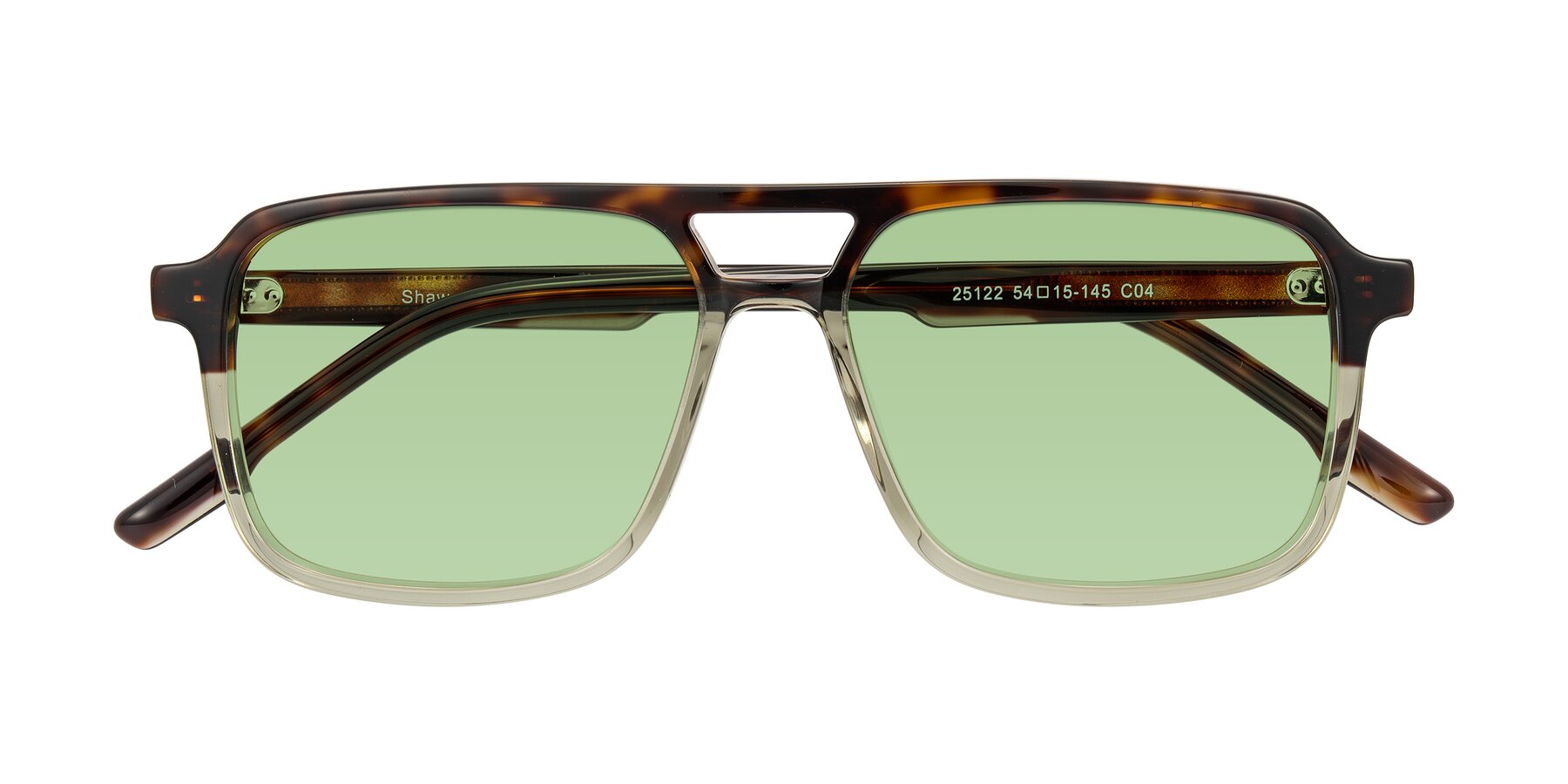 Folded Front of Shawano in Tortoise/Transparent Green with Medium Green Tinted Lenses