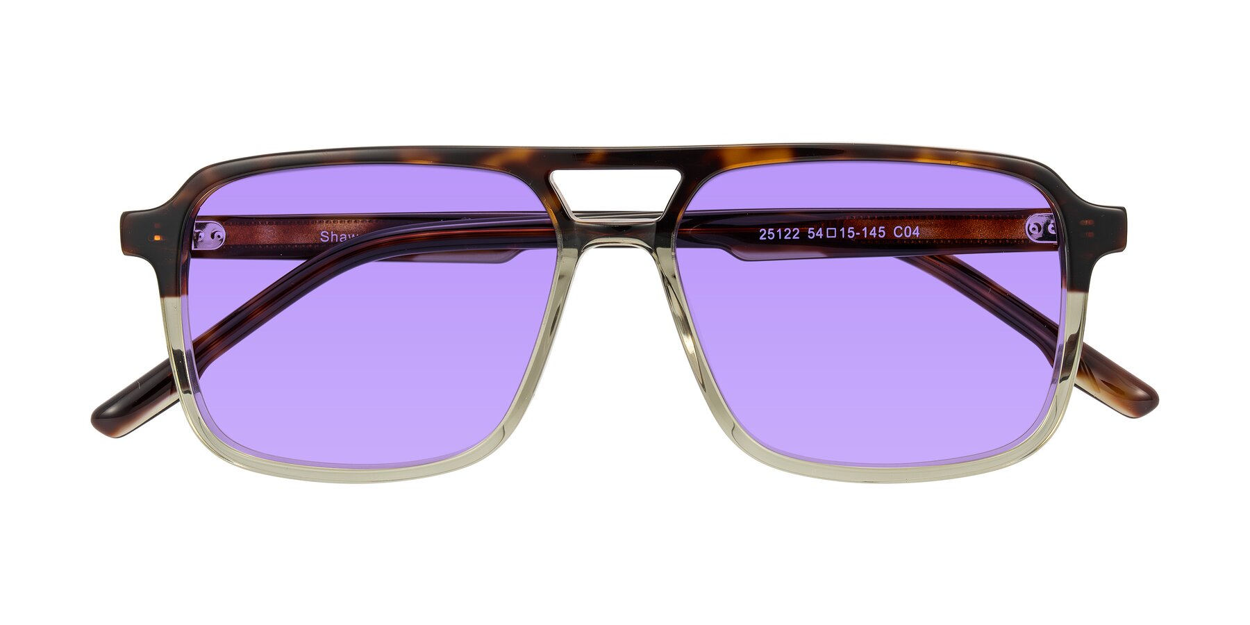 Folded Front of Shawano in Tortoise/Transparent Green with Medium Purple Tinted Lenses