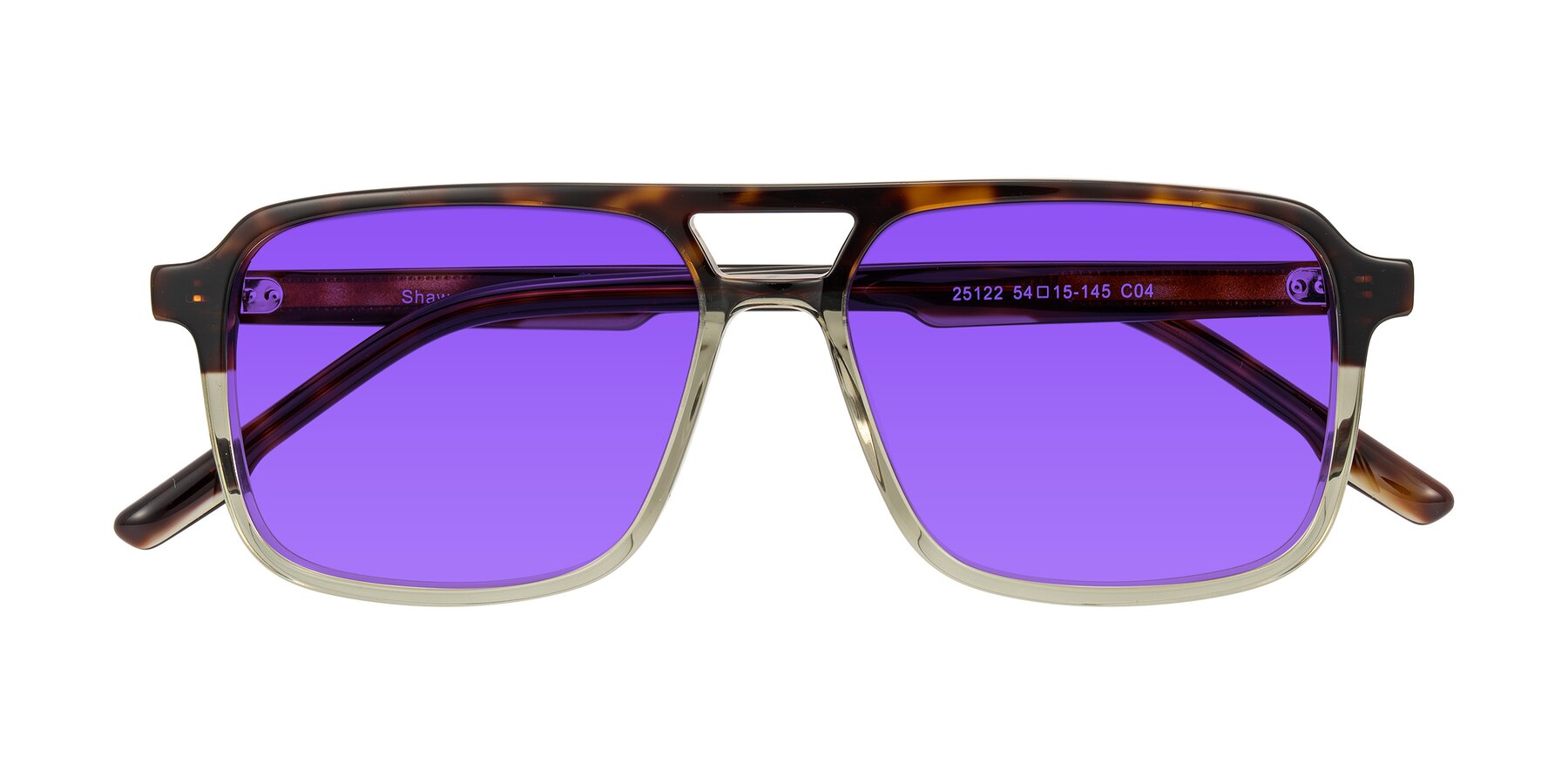 Folded Front of Shawano in Tortoise/Transparent Green with Purple Tinted Lenses