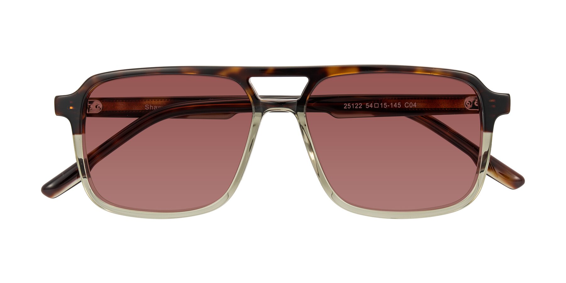Folded Front of Shawano in Tortoise/Transparent Green with Garnet Tinted Lenses