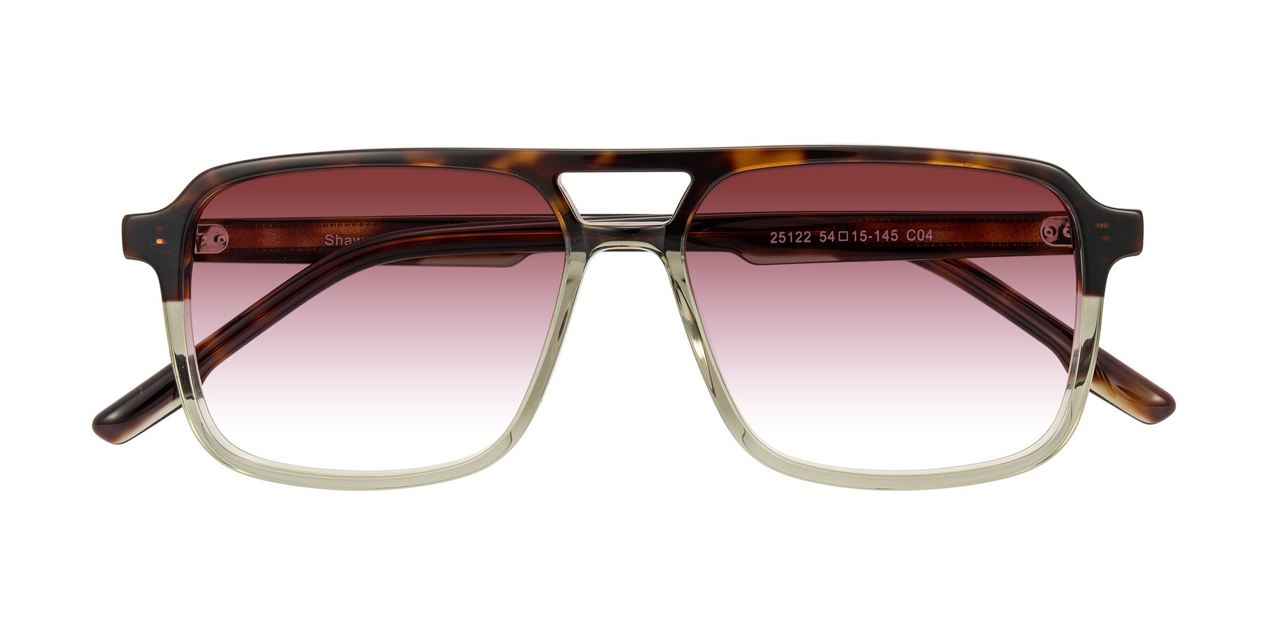 Folded Front of Shawano in Tortoise/Transparent Green with Garnet Gradient Lenses