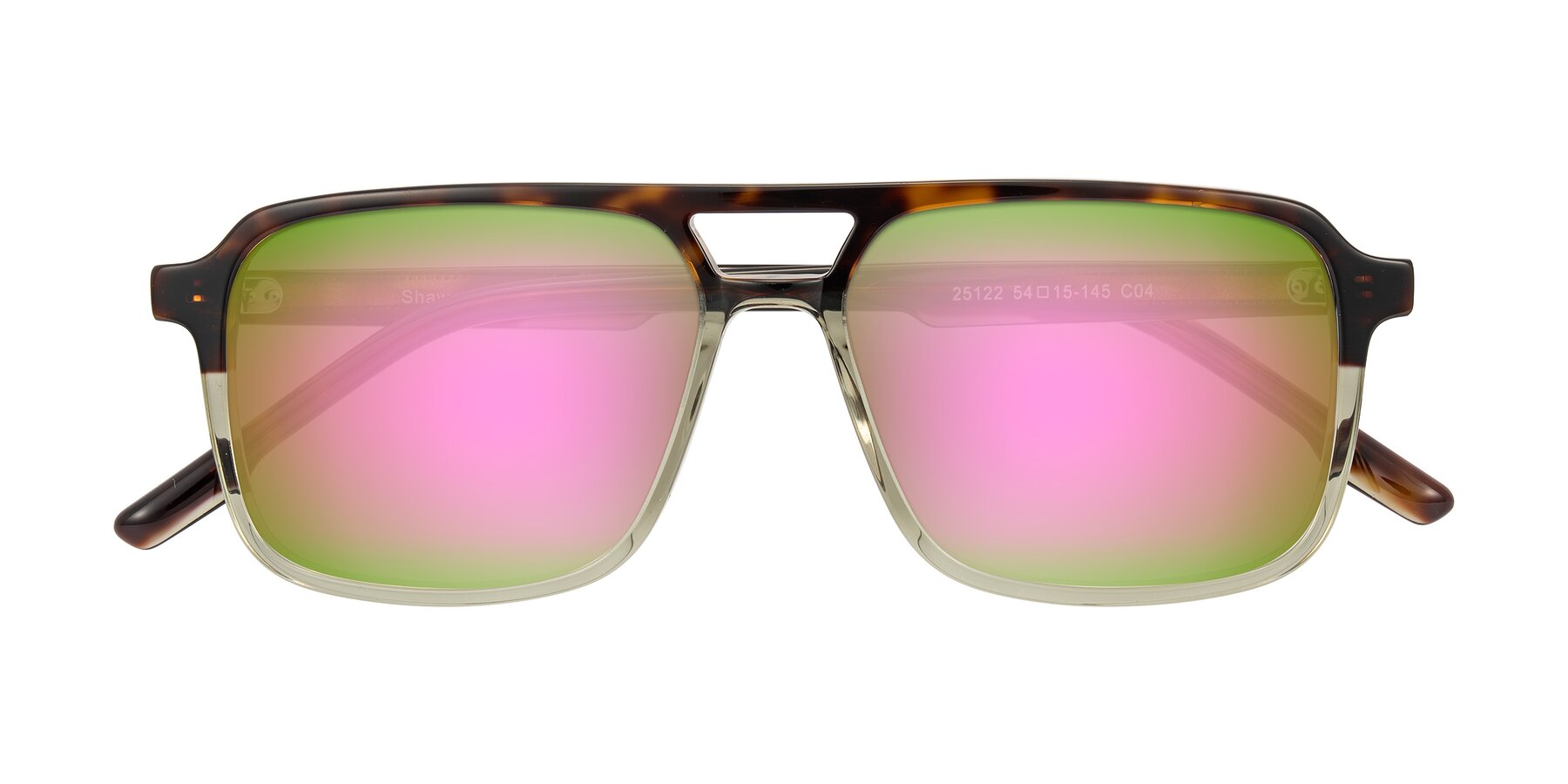 Folded Front of Shawano in Tortoise/Transparent Green with Pink Mirrored Lenses