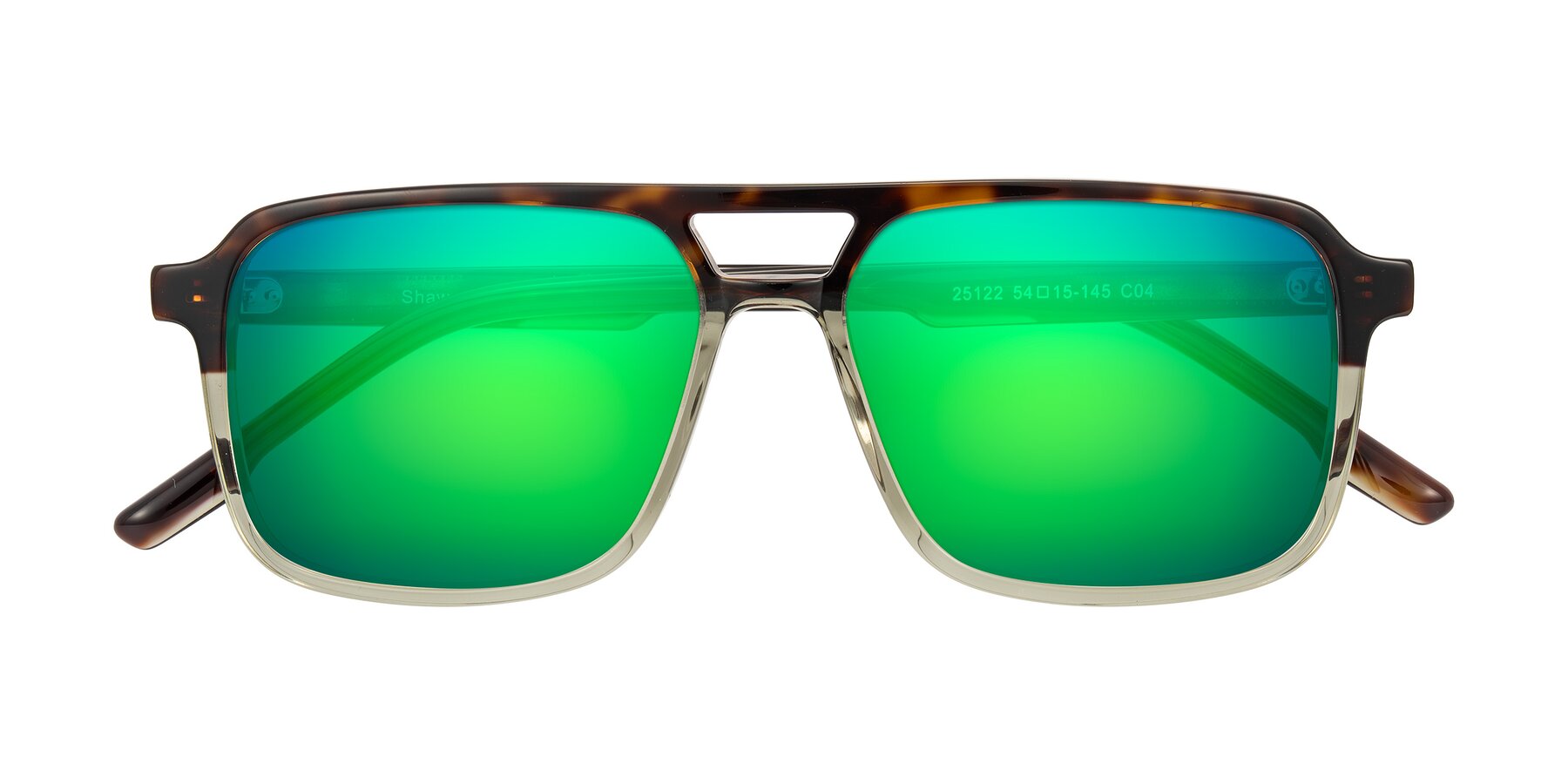 Folded Front of Shawano in Tortoise/Transparent Green with Green Mirrored Lenses