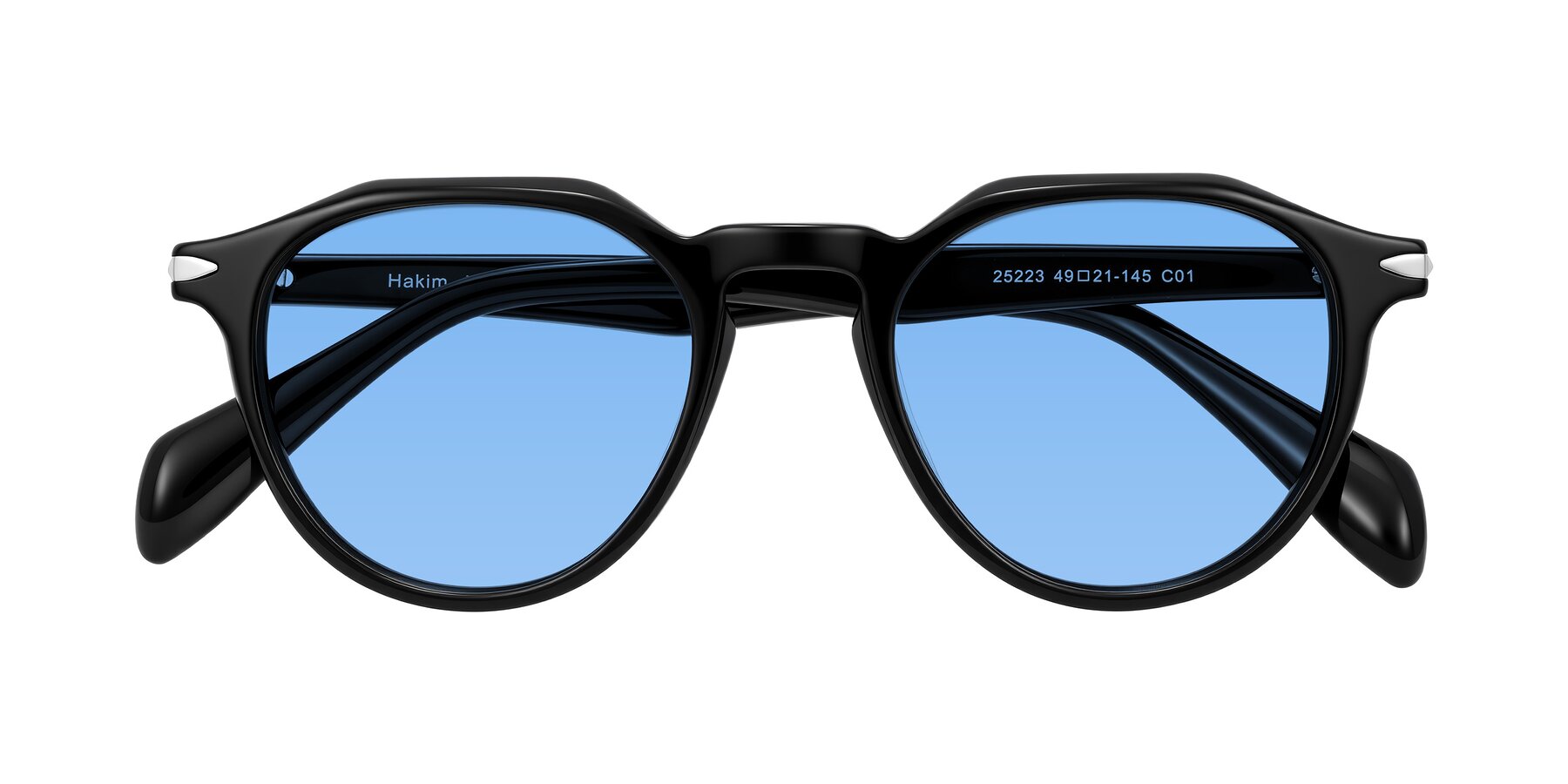 Folded Front of Hakim in Black with Medium Blue Tinted Lenses