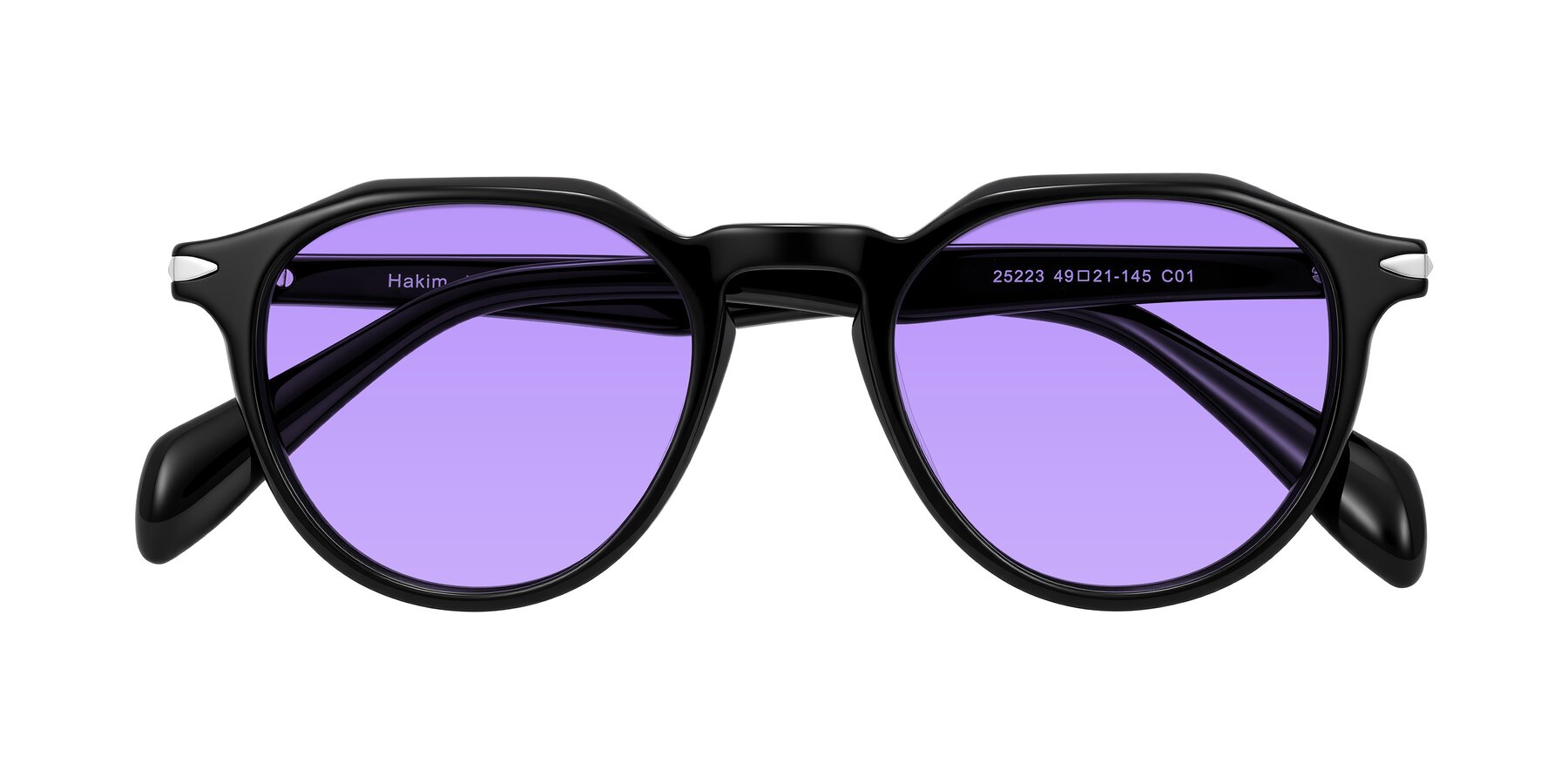 Folded Front of Hakim in Black with Medium Purple Tinted Lenses