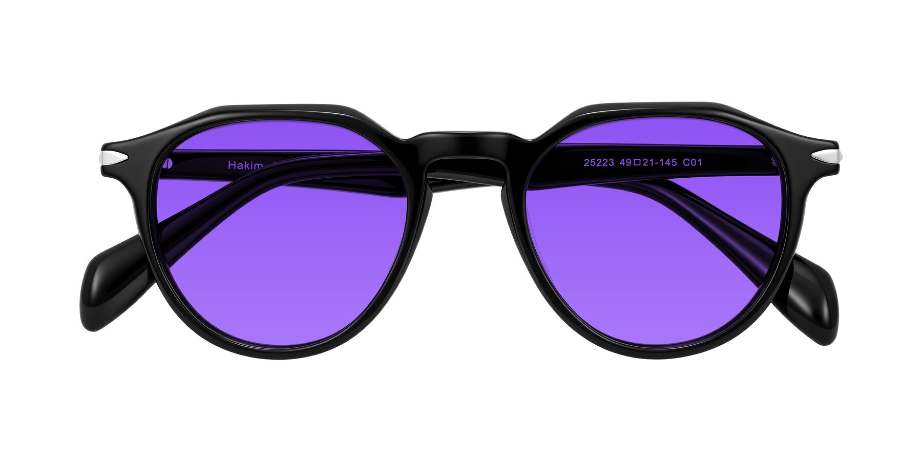 Folded Front of Hakim in Black with Purple Tinted Lenses