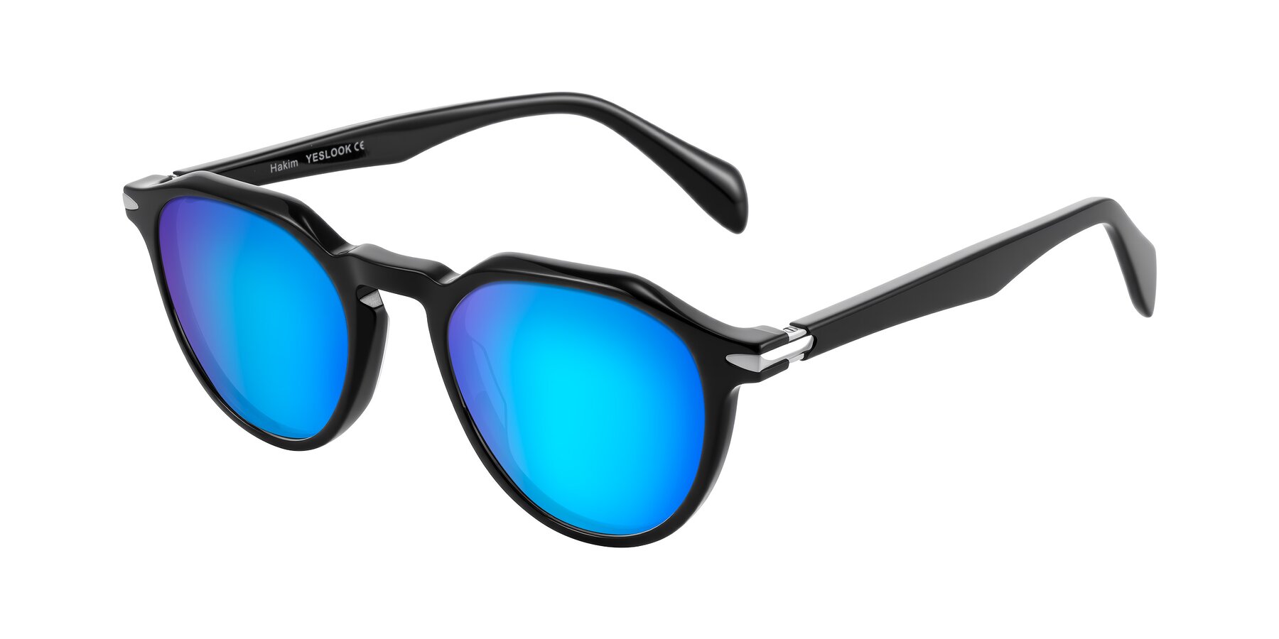 Angle of Hakim in Black with Blue Mirrored Lenses