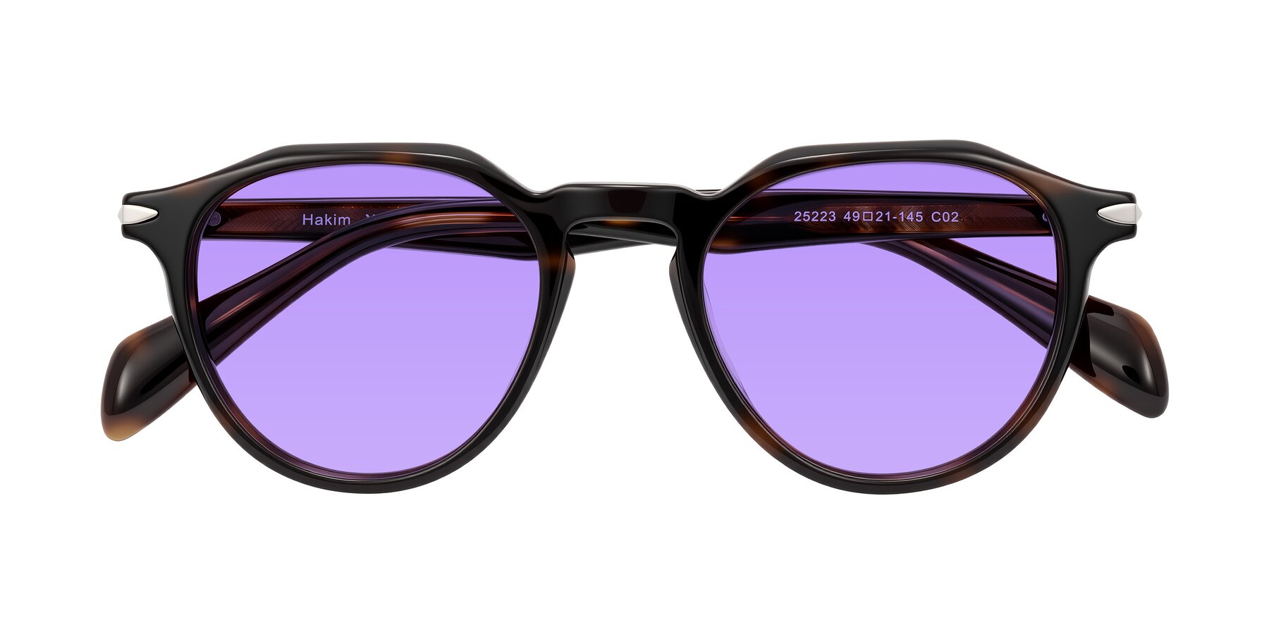 Folded Front of Hakim in Tortoise with Medium Purple Tinted Lenses