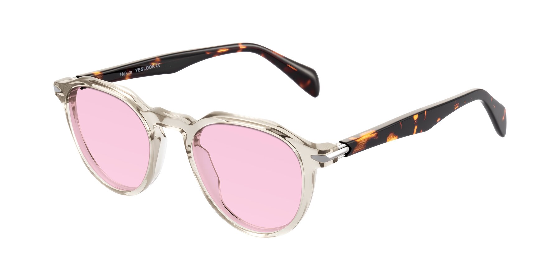 Angle of Hakim in Champagne/Tortoise with Light Pink Tinted Lenses