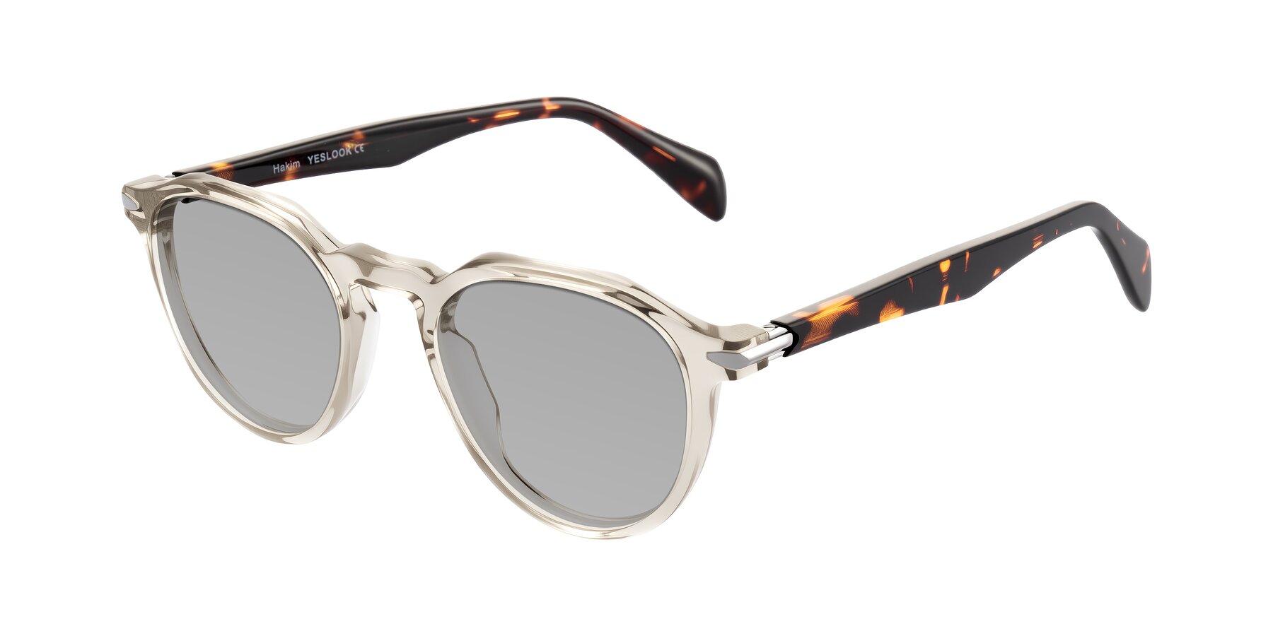 Angle of Hakim in Champagne/Tortoise with Light Gray Tinted Lenses