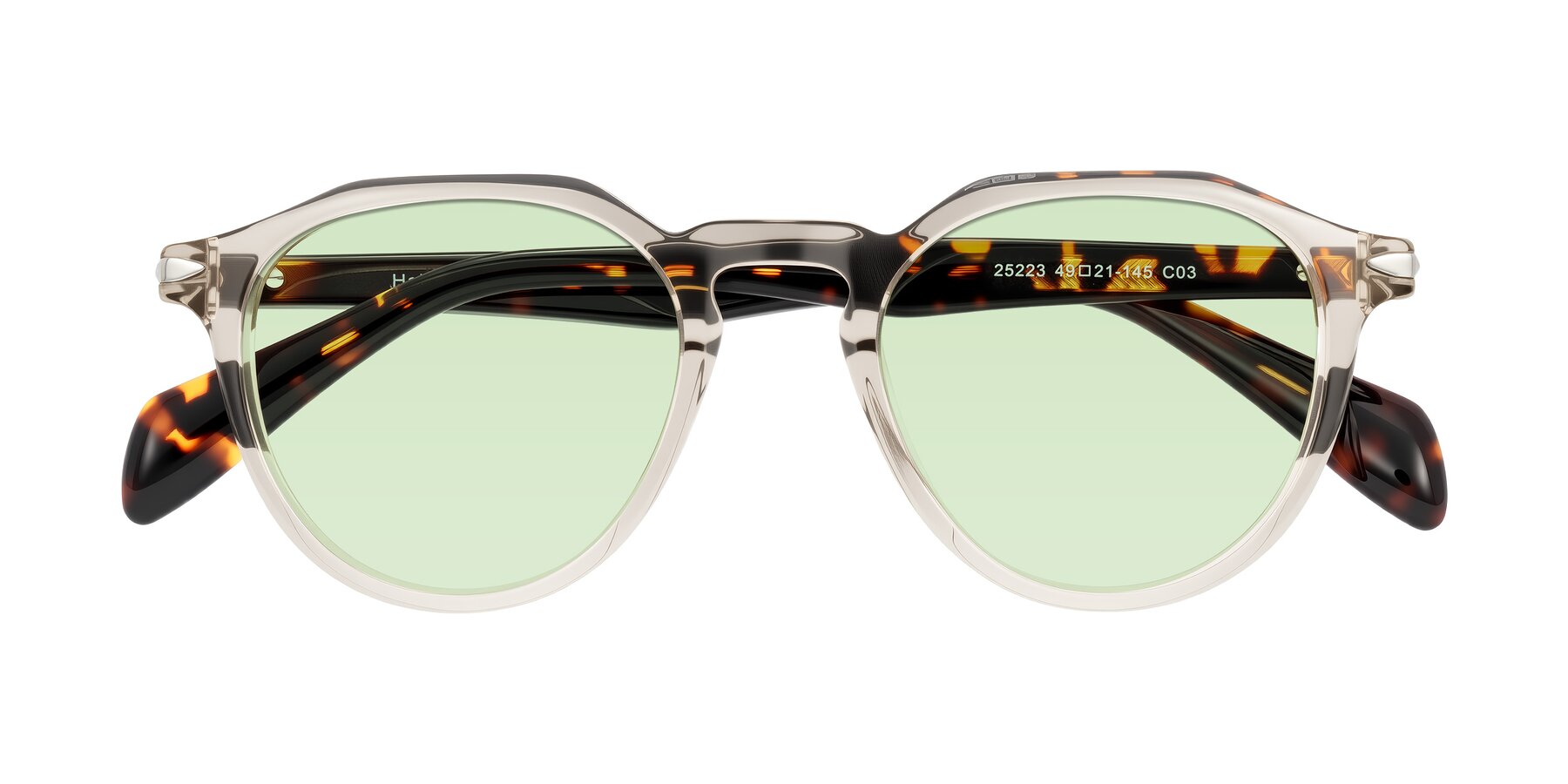 Folded Front of Hakim in Champagne/Tortoise with Light Green Tinted Lenses