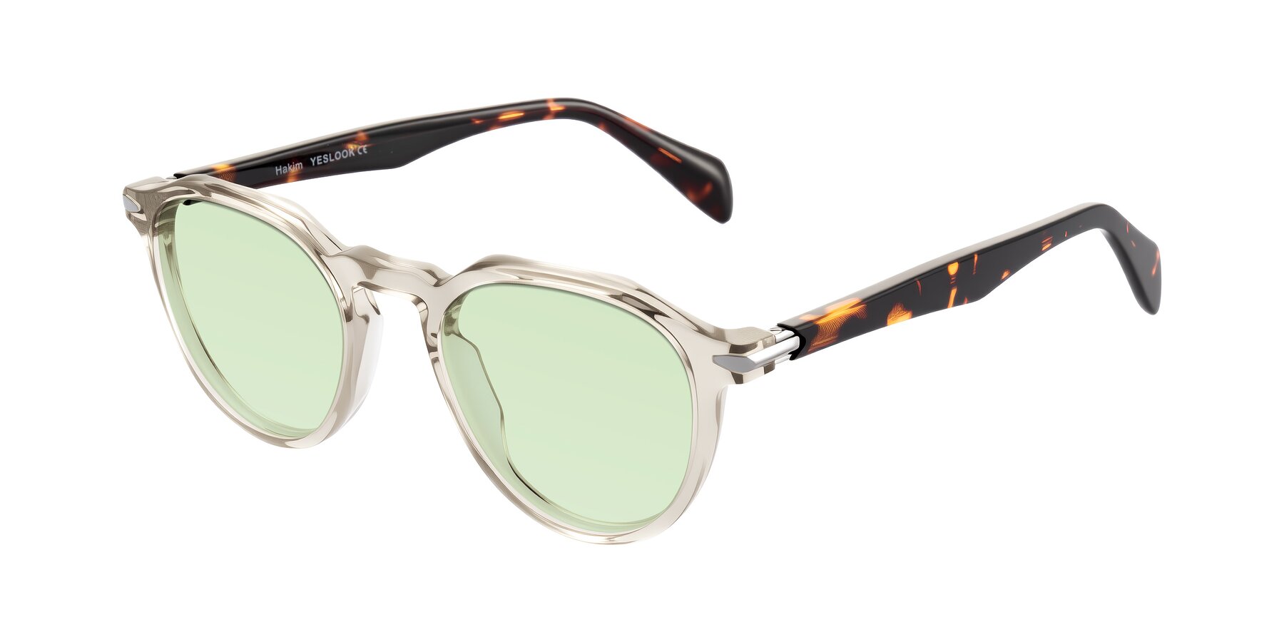 Angle of Hakim in Champagne/Tortoise with Light Green Tinted Lenses