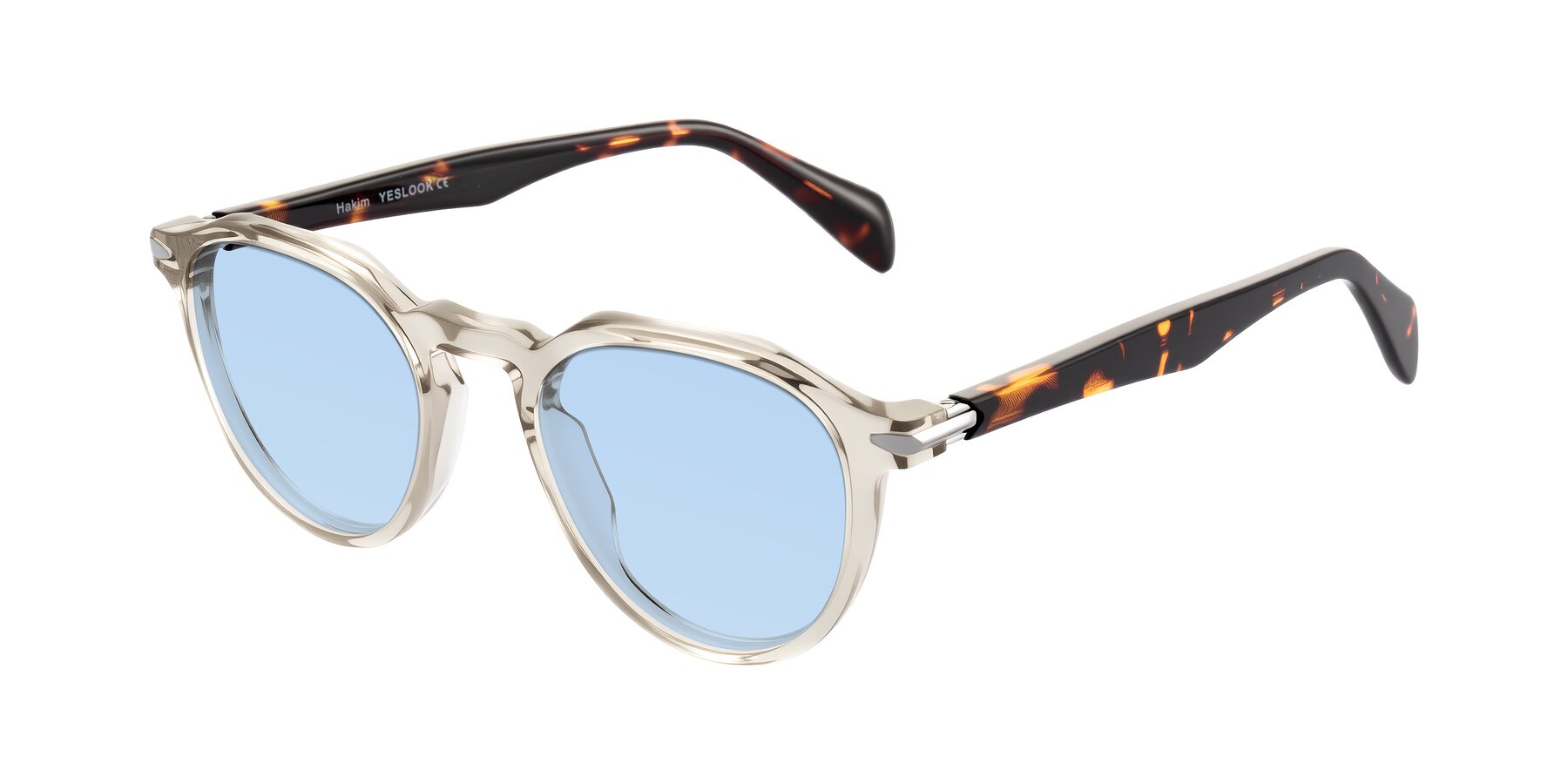 Angle of Hakim in Champagne/Tortoise with Light Blue Tinted Lenses