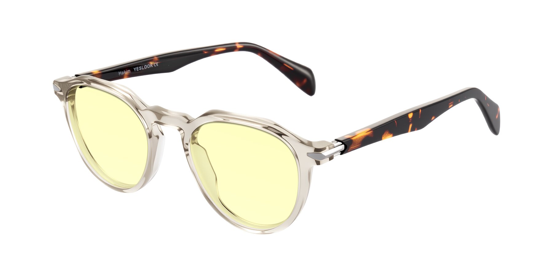 Angle of Hakim in Champagne/Tortoise with Light Yellow Tinted Lenses