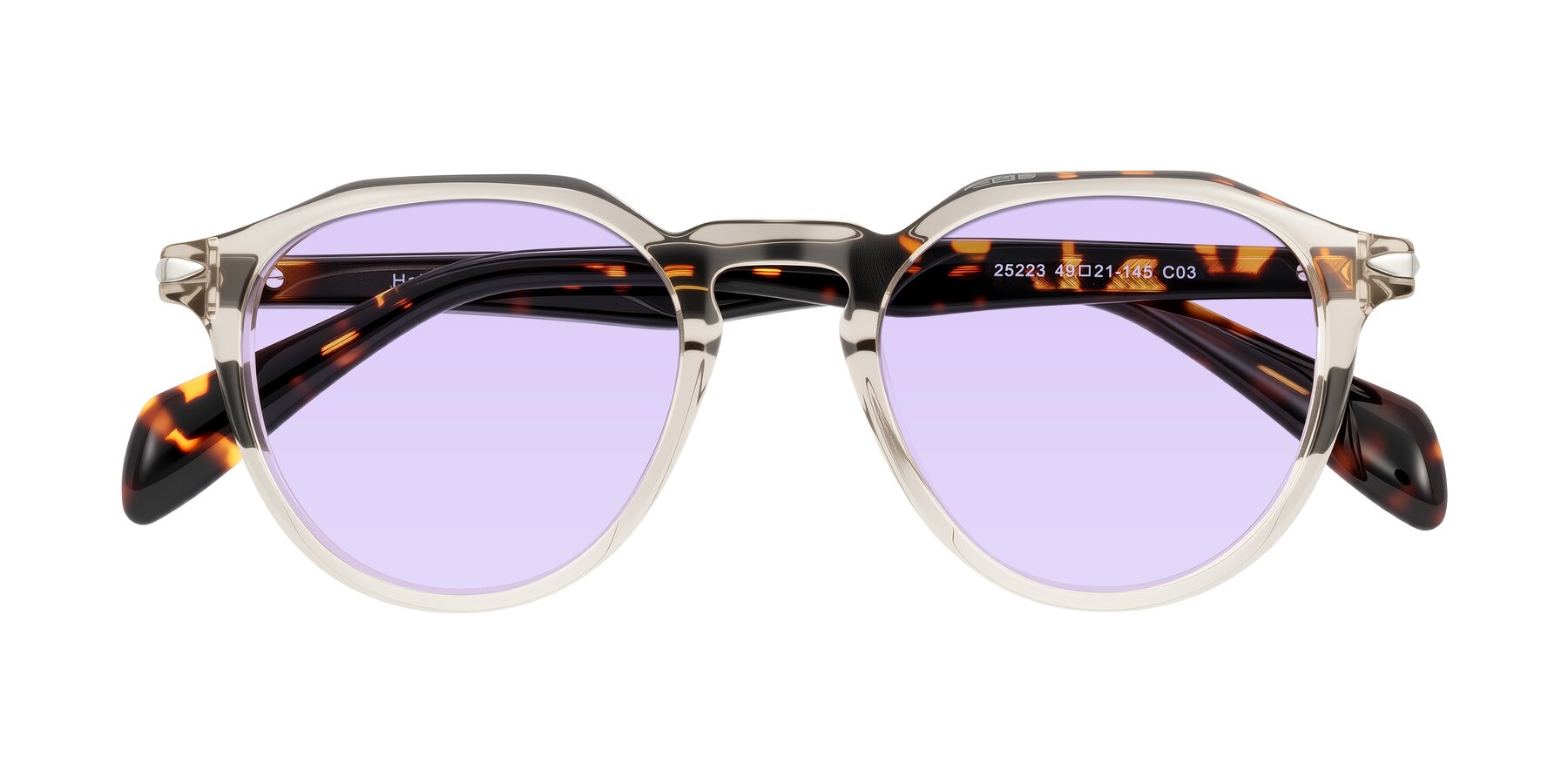 Folded Front of Hakim in Champagne/Tortoise with Light Purple Tinted Lenses