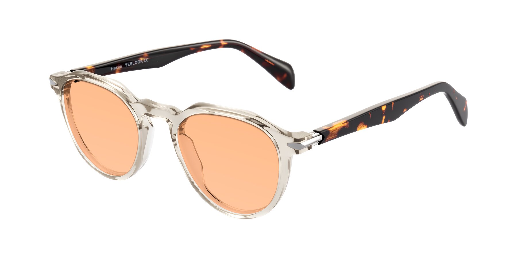 Angle of Hakim in Champagne/Tortoise with Light Orange Tinted Lenses