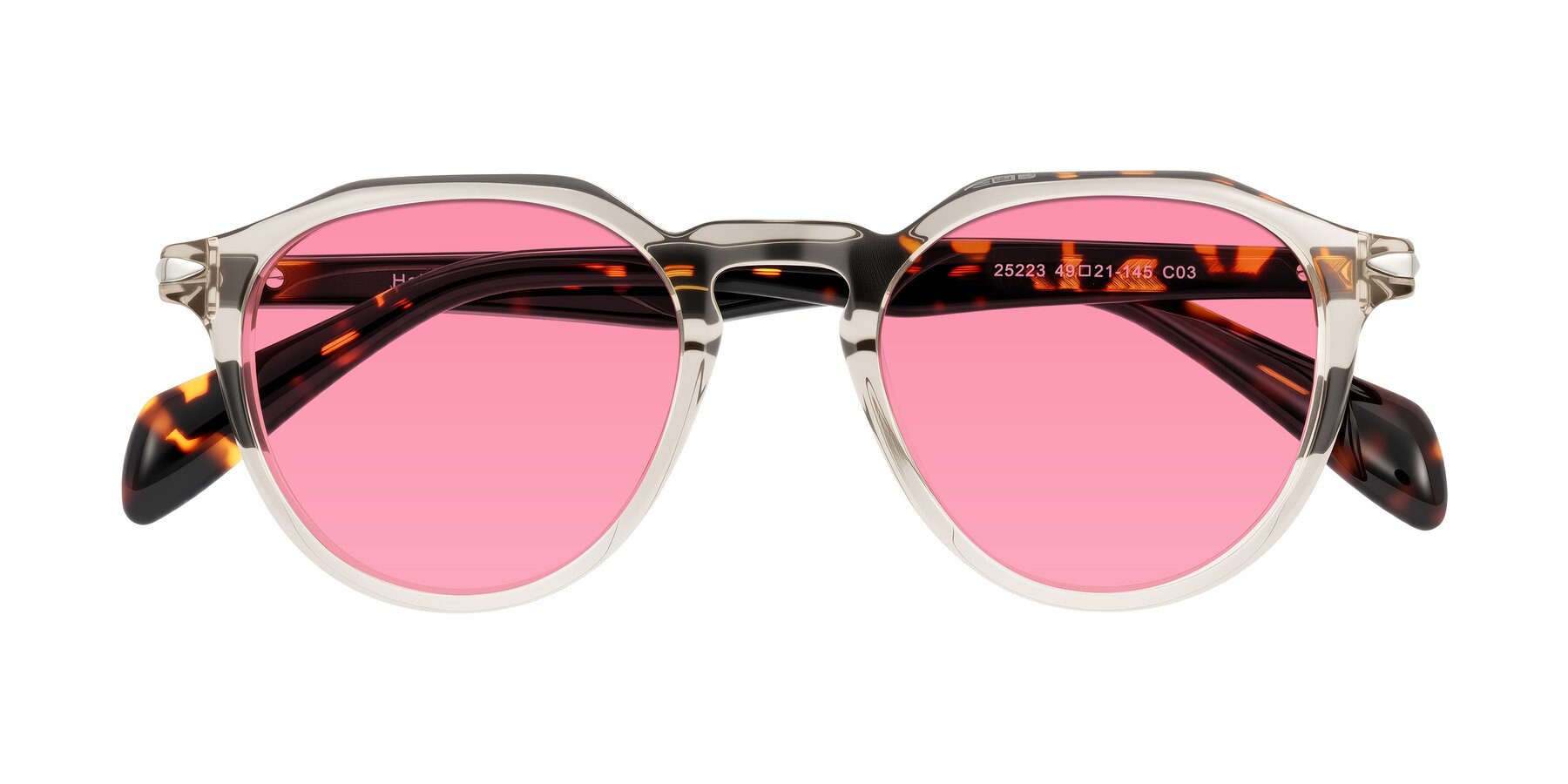 Folded Front of Hakim in Champagne/Tortoise with Pink Tinted Lenses