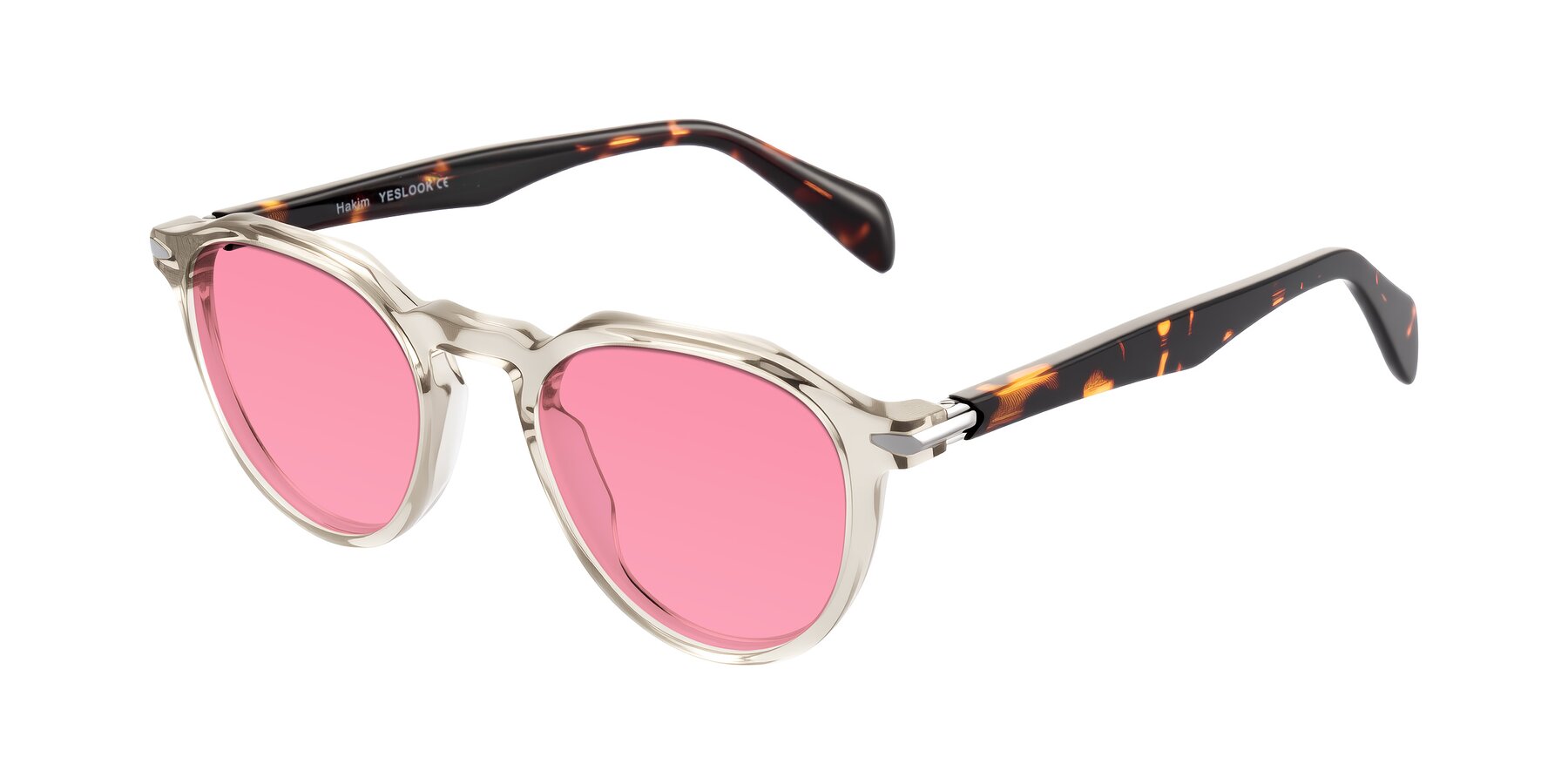 Angle of Hakim in Champagne/Tortoise with Pink Tinted Lenses