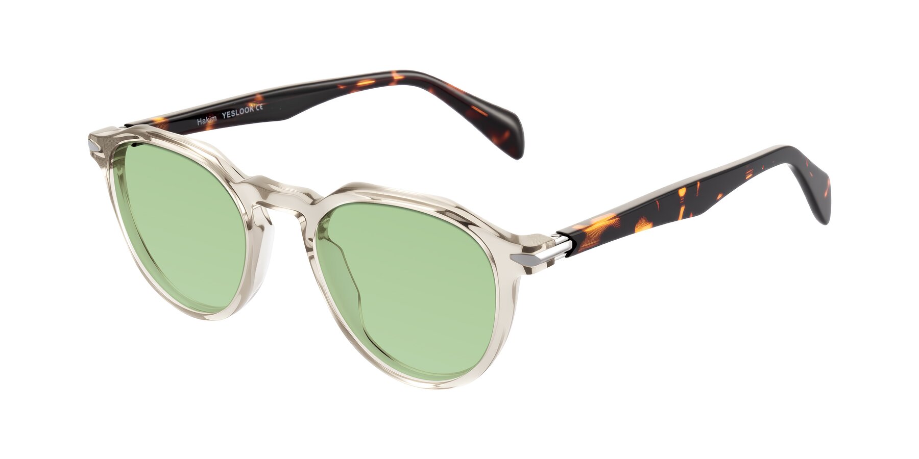 Angle of Hakim in Champagne/Tortoise with Medium Green Tinted Lenses