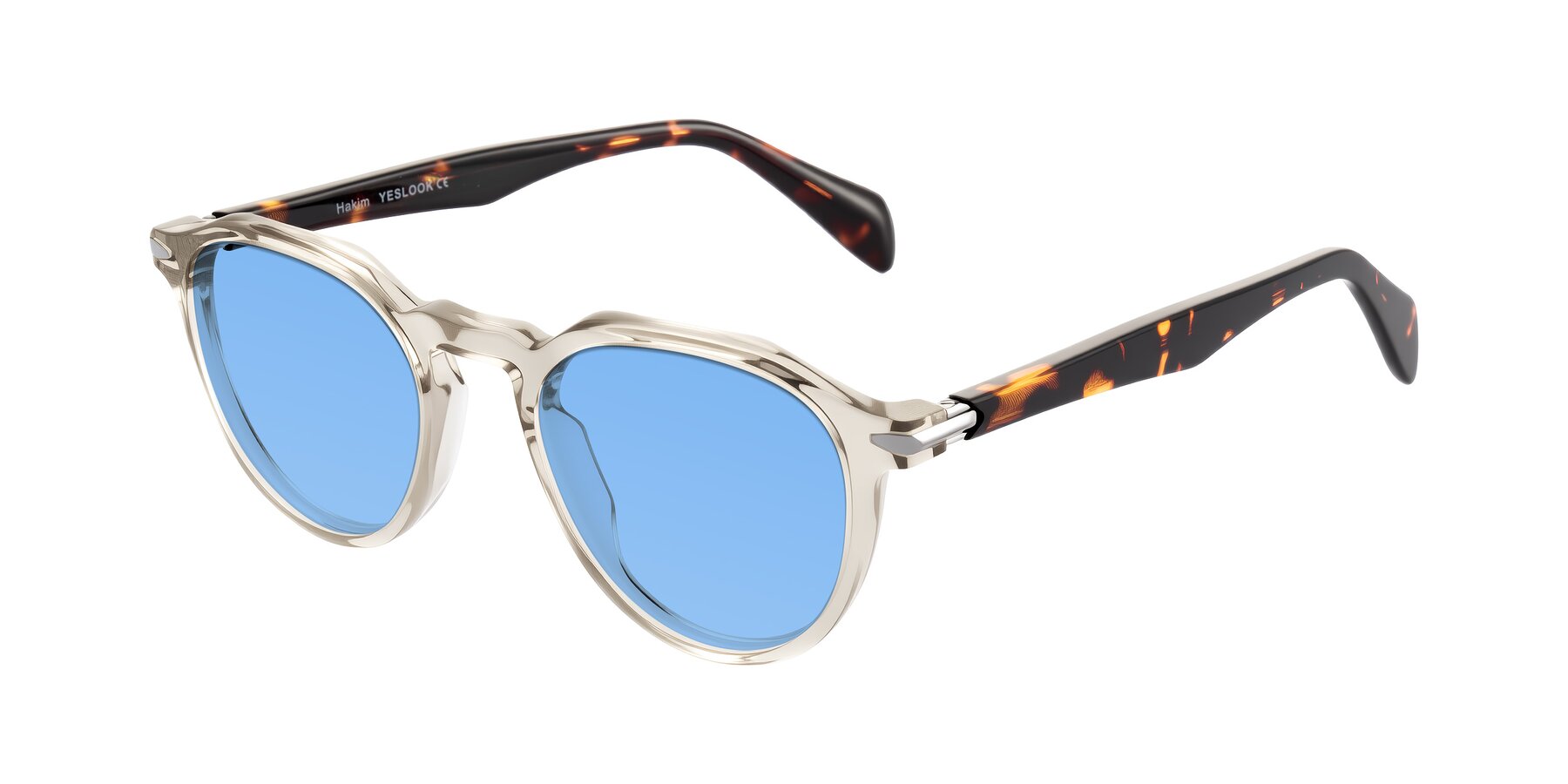 Angle of Hakim in Champagne/Tortoise with Medium Blue Tinted Lenses