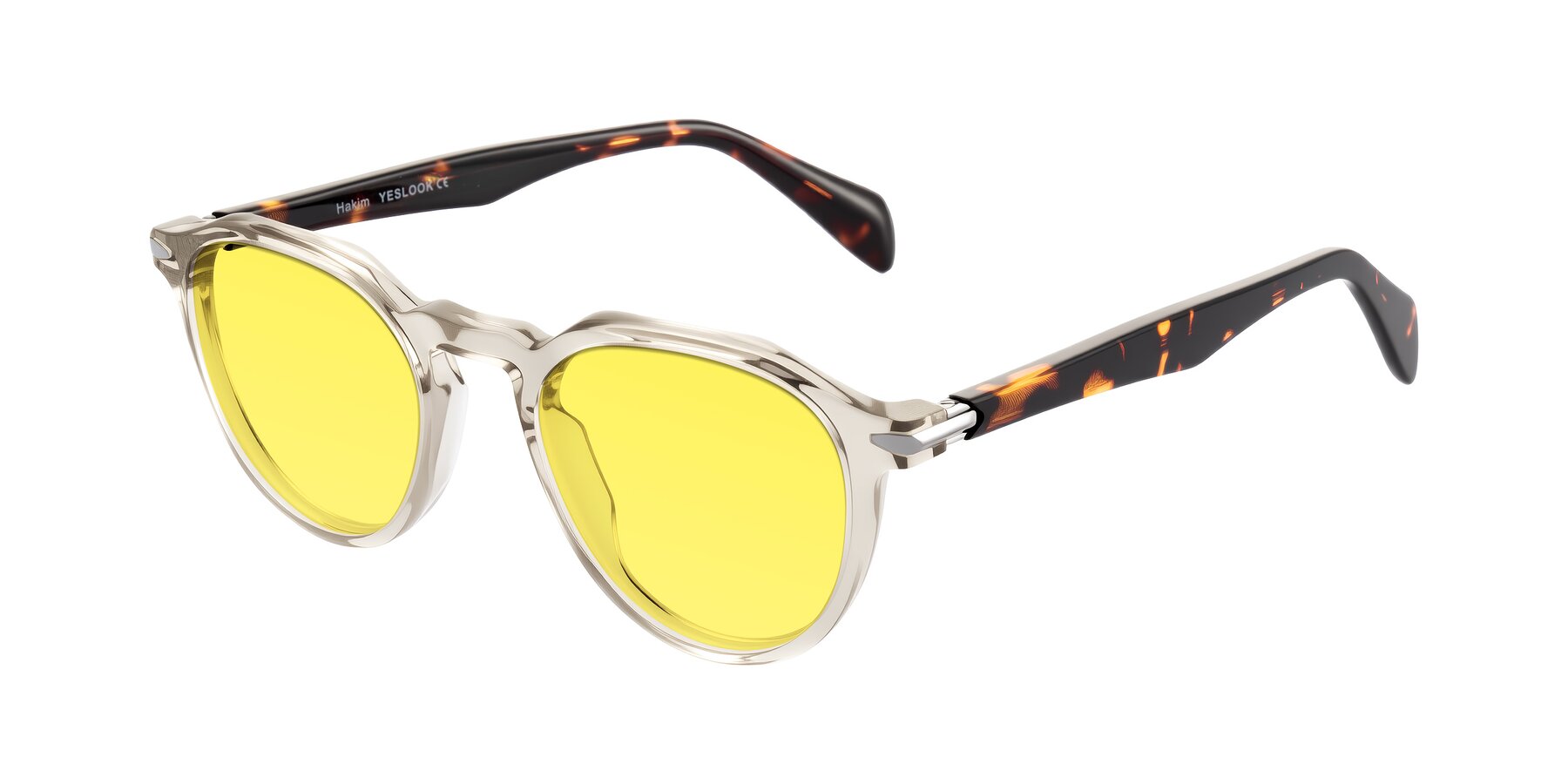 Angle of Hakim in Champagne/Tortoise with Medium Yellow Tinted Lenses