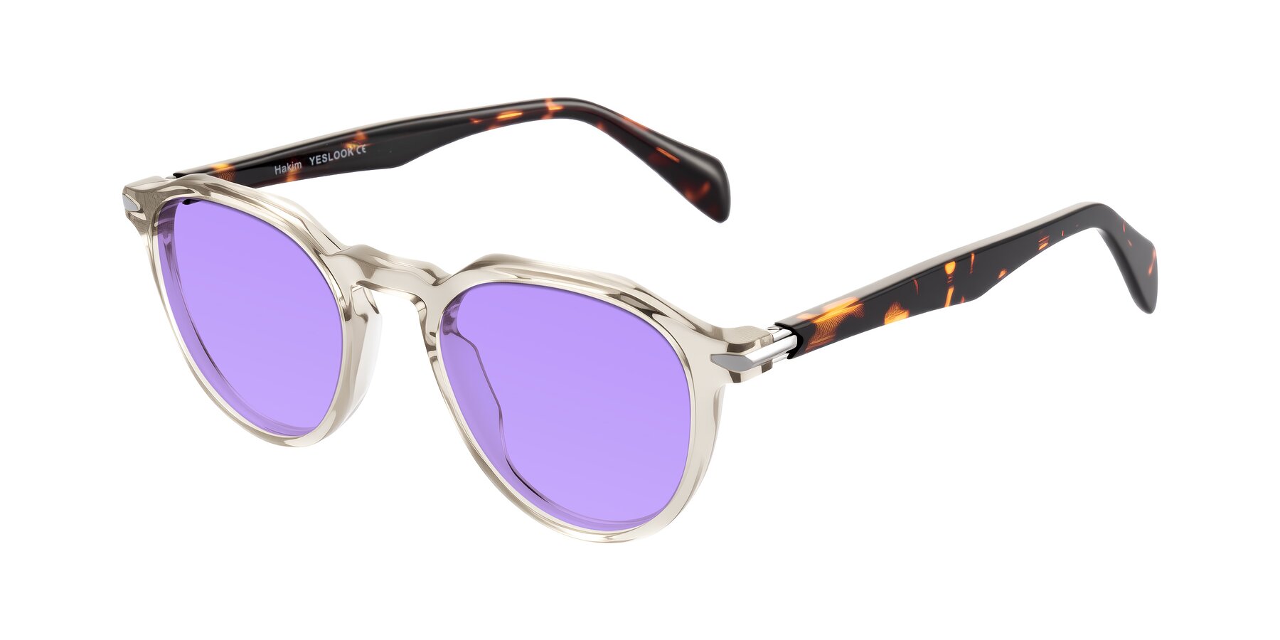 Angle of Hakim in Champagne/Tortoise with Medium Purple Tinted Lenses
