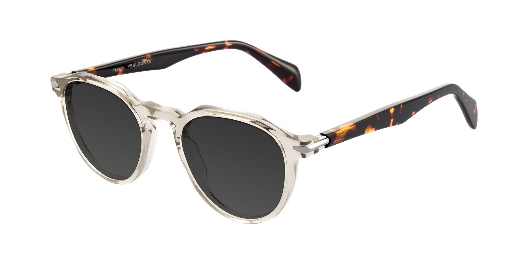 Angle of Hakim in Champagne/Tortoise with Gray Tinted Lenses