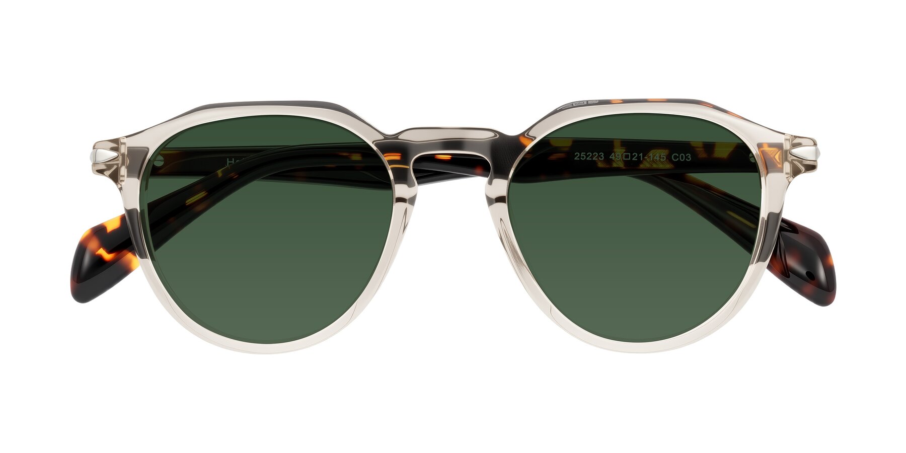 Folded Front of Hakim in Champagne/Tortoise with Green Tinted Lenses