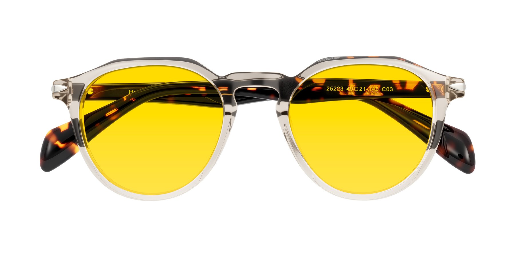 Folded Front of Hakim in Champagne/Tortoise with Yellow Tinted Lenses