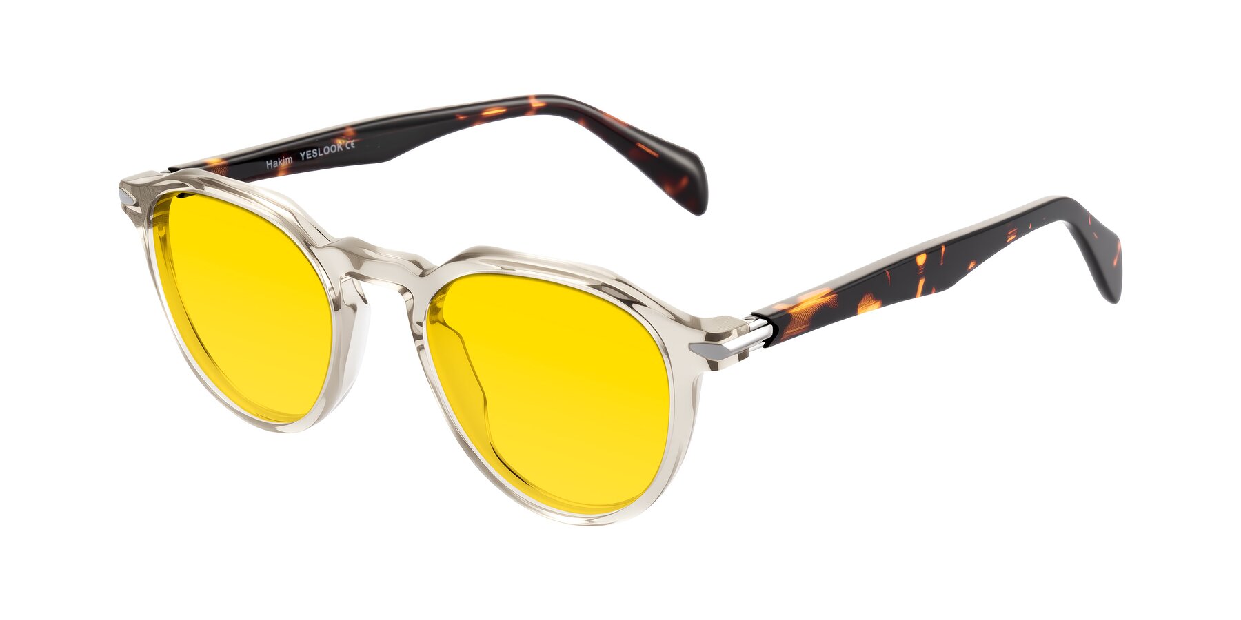 Angle of Hakim in Champagne/Tortoise with Yellow Tinted Lenses