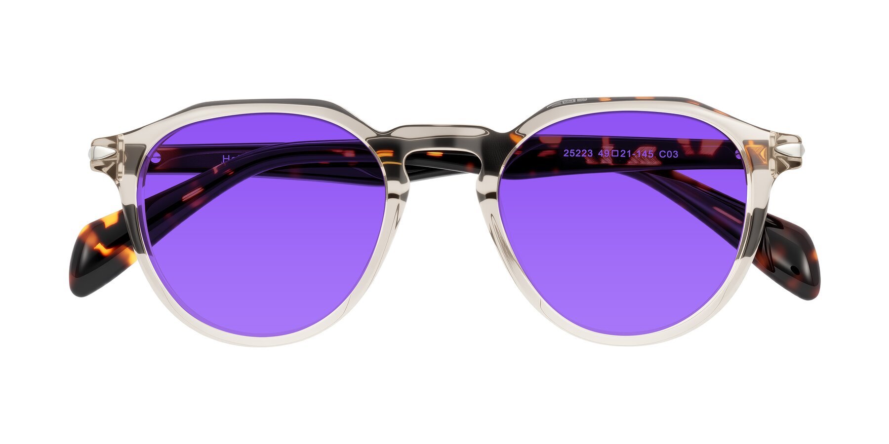 Folded Front of Hakim in Champagne/Tortoise with Purple Tinted Lenses