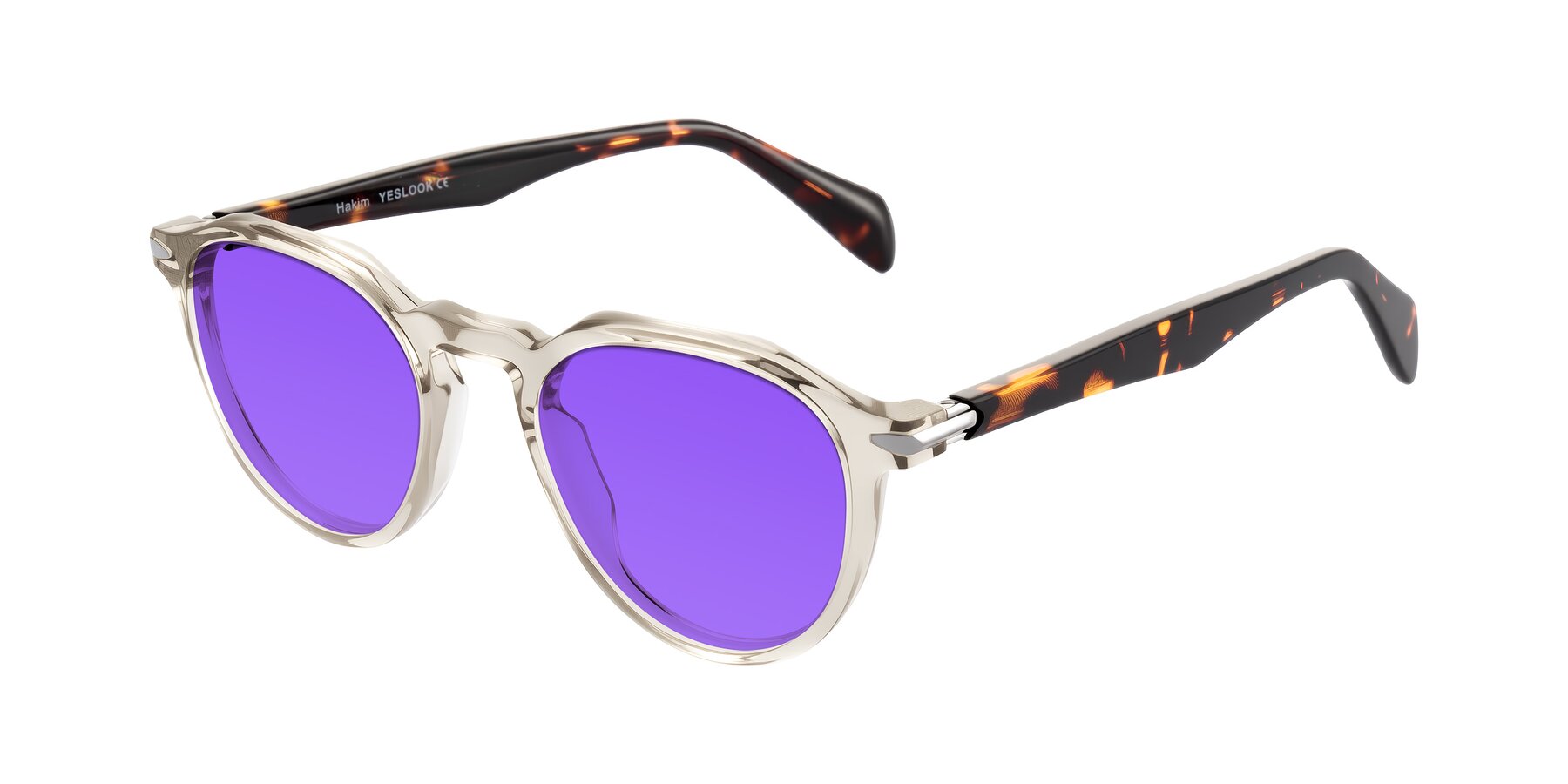 Angle of Hakim in Champagne/Tortoise with Purple Tinted Lenses