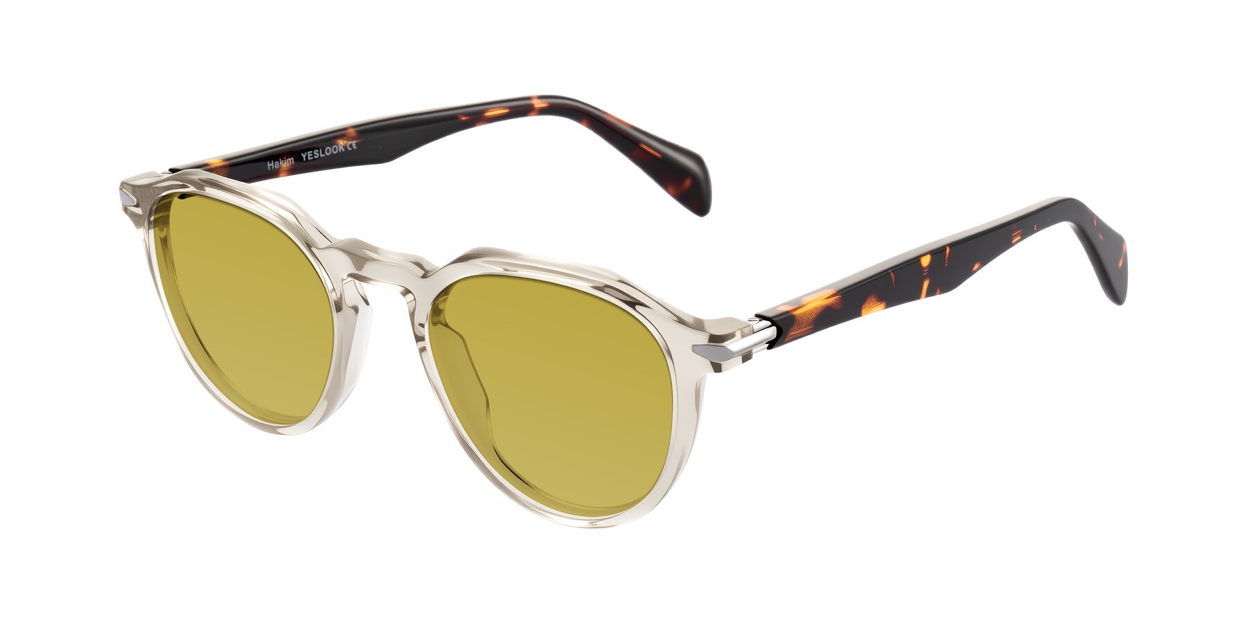 Angle of Hakim in Champagne/Tortoise with Champagne Tinted Lenses