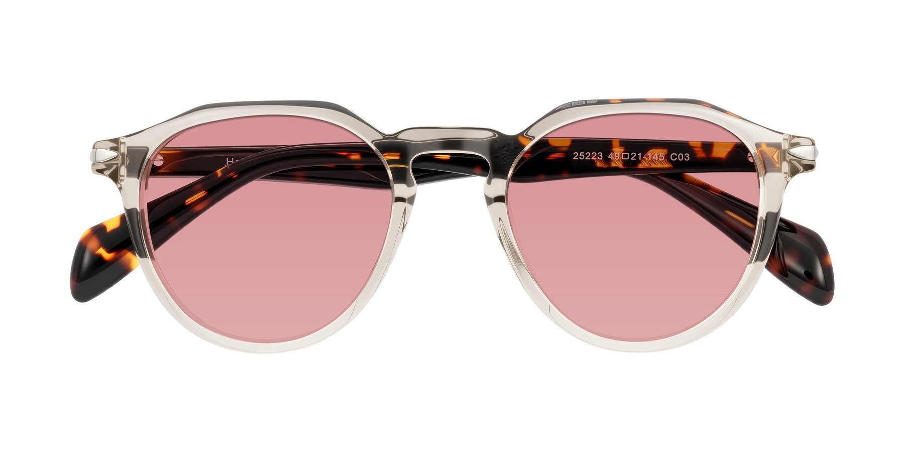 Folded Front of Hakim in Champagne/Tortoise with Medium Garnet Tinted Lenses