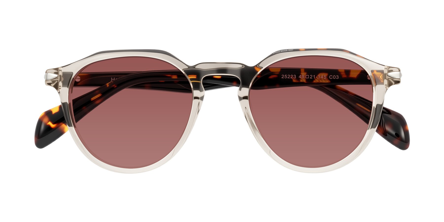 Folded Front of Hakim in Champagne/Tortoise with Garnet Tinted Lenses