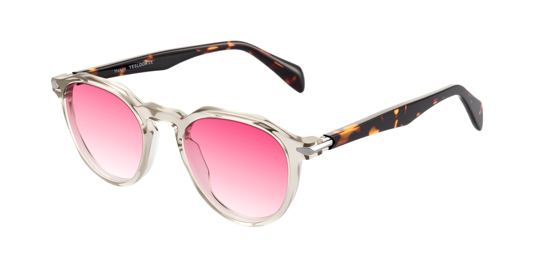 Angle of Hakim in Champagne/Tortoise with Pink Gradient Lenses
