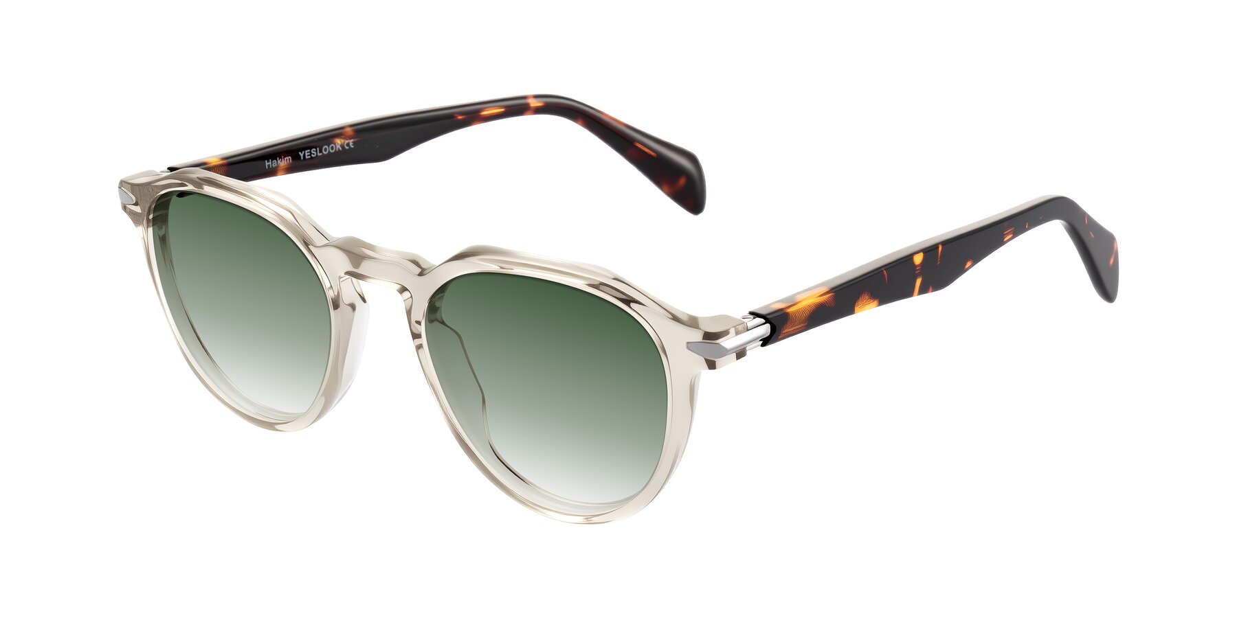 Angle of Hakim in Champagne/Tortoise with Green Gradient Lenses