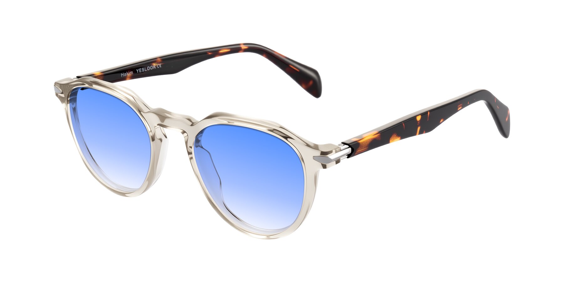 Angle of Hakim in Champagne/Tortoise with Blue Gradient Lenses