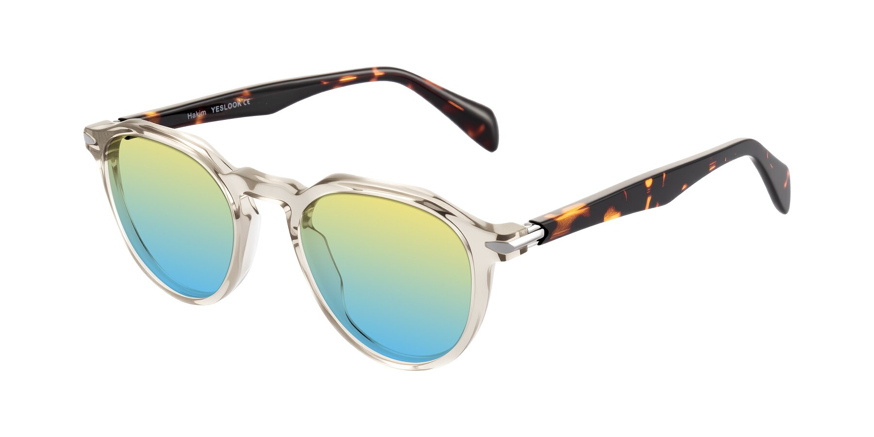 Angle of Hakim in Champagne/Tortoise with Yellow / Blue Gradient Lenses