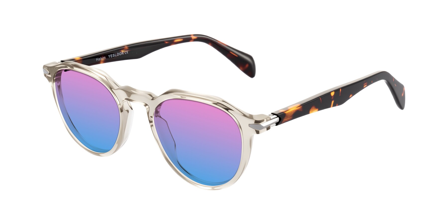 Angle of Hakim in Champagne/Tortoise with Pink / Blue Gradient Lenses