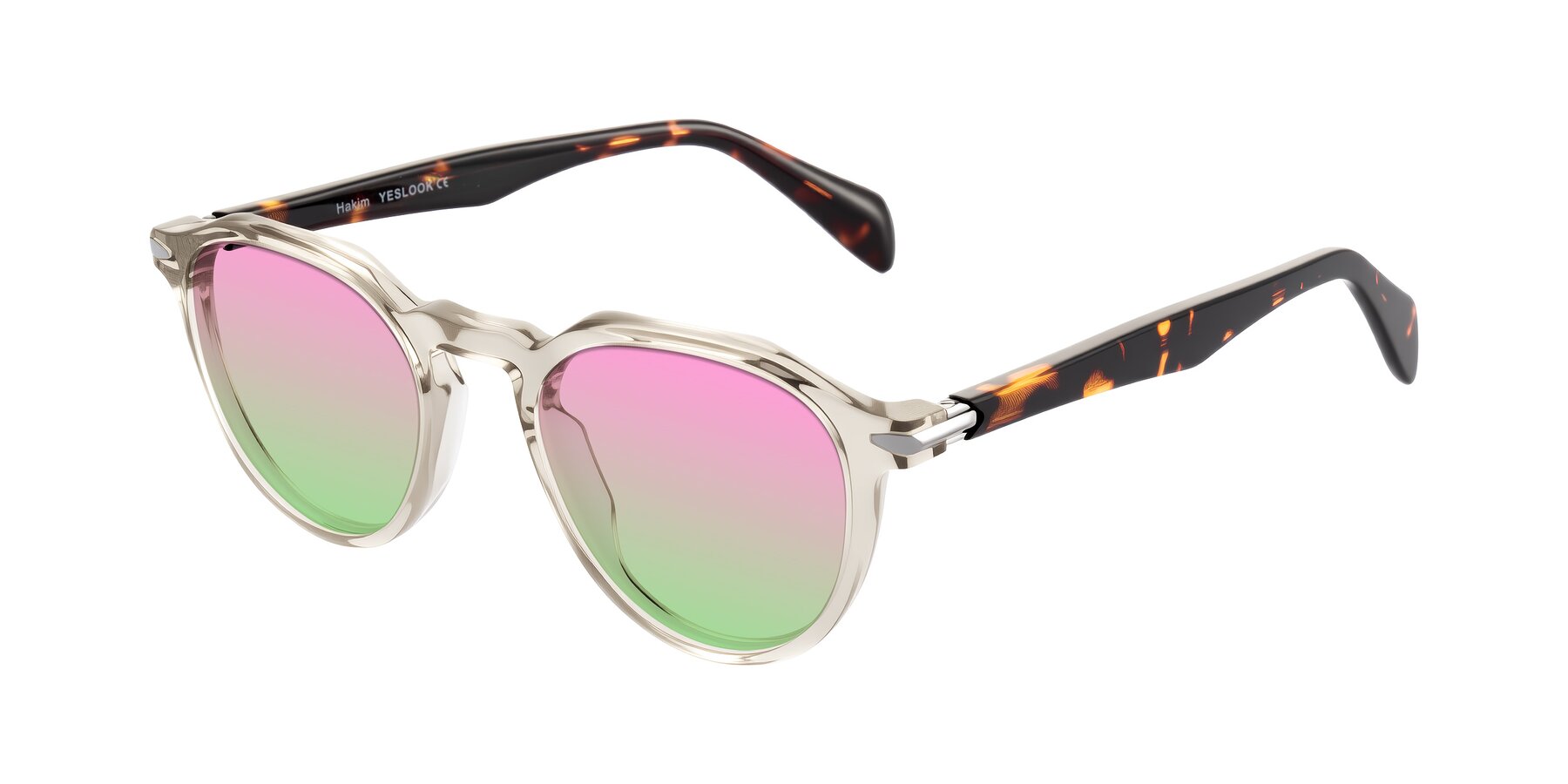 Angle of Hakim in Champagne/Tortoise with Pink / Green Gradient Lenses