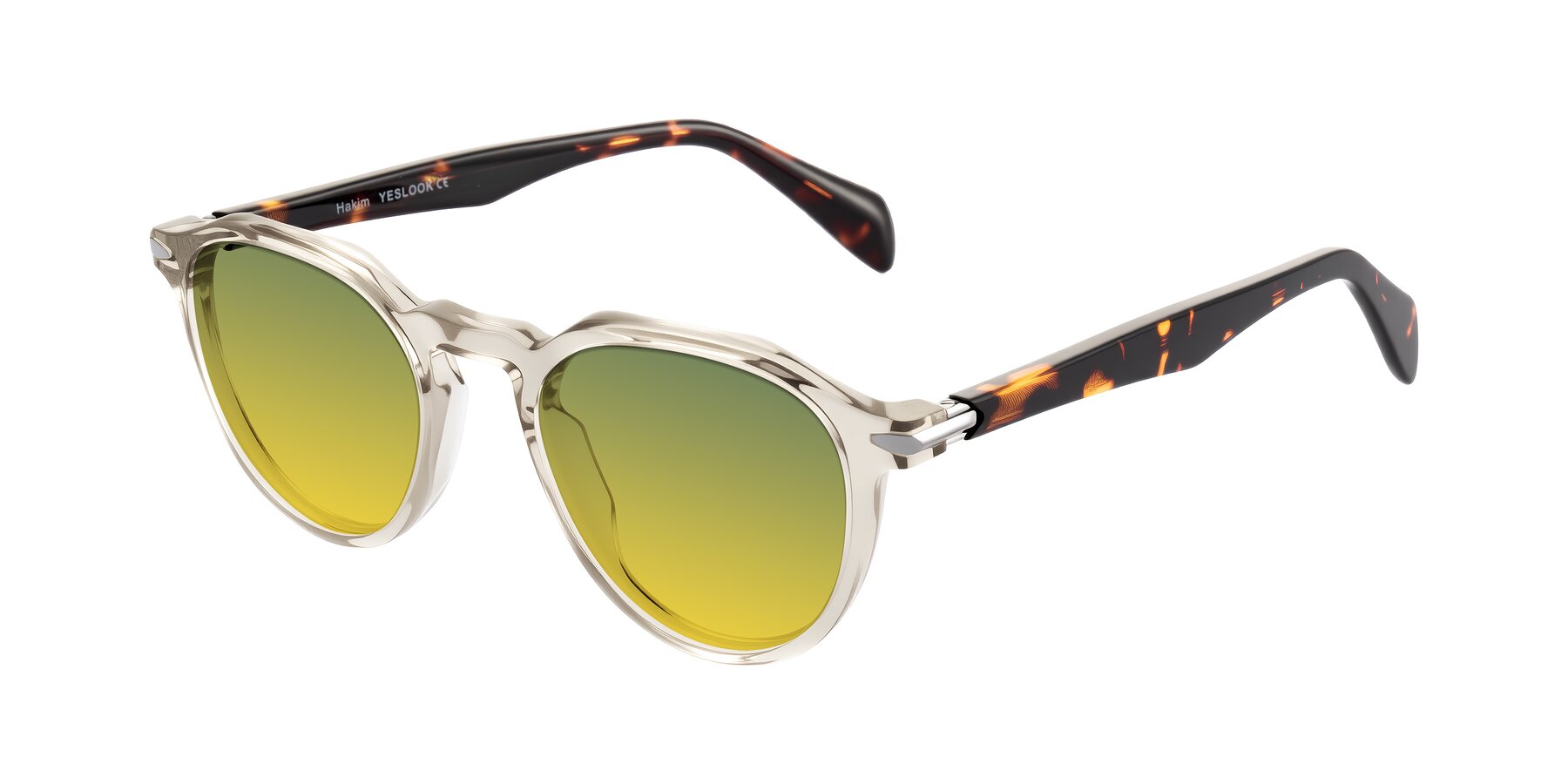 Angle of Hakim in Champagne/Tortoise with Green / Yellow Gradient Lenses